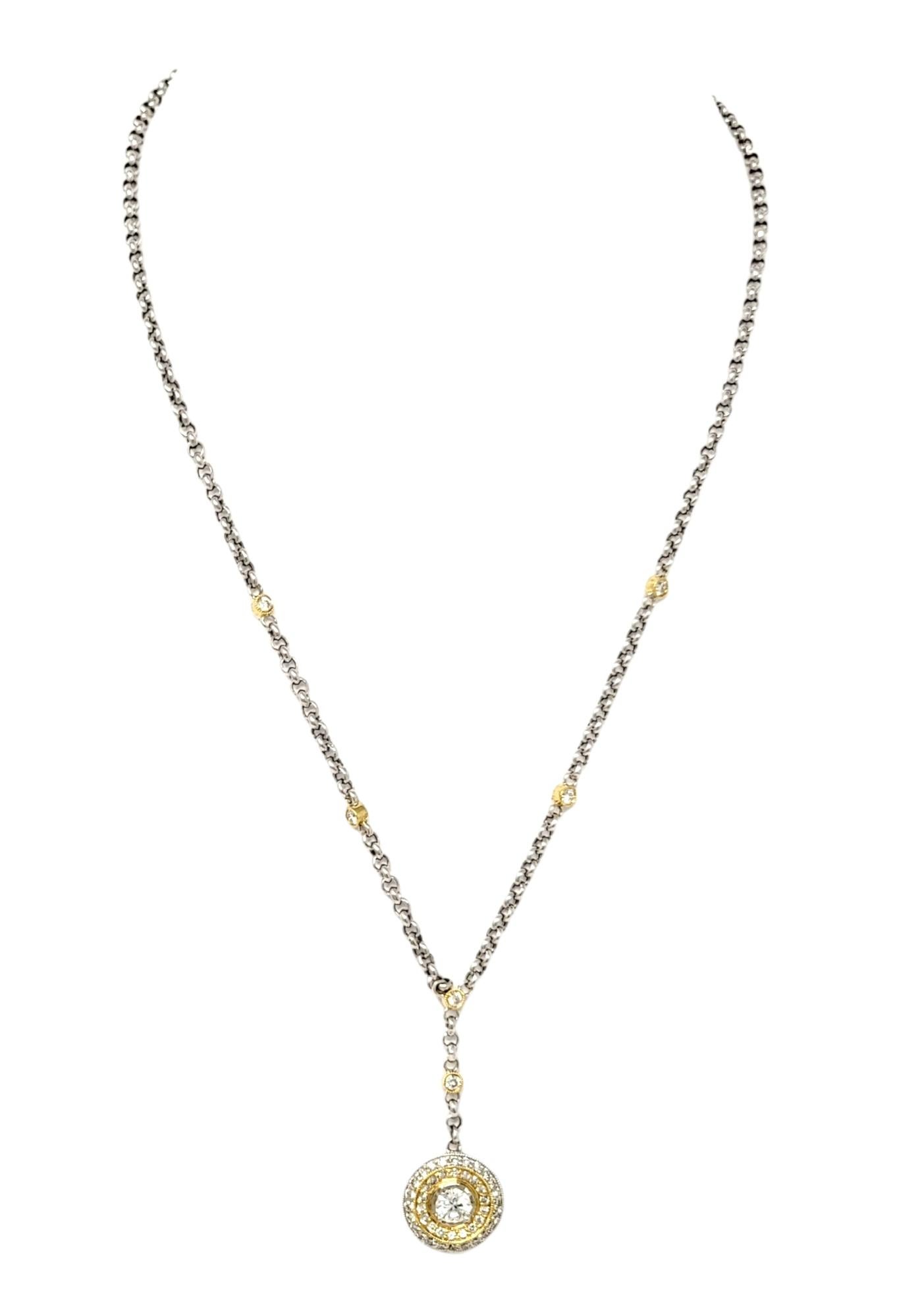 Round Cut White and Yellow Gold Diamond Circle Y Drop Necklace with Station Cable Chain For Sale