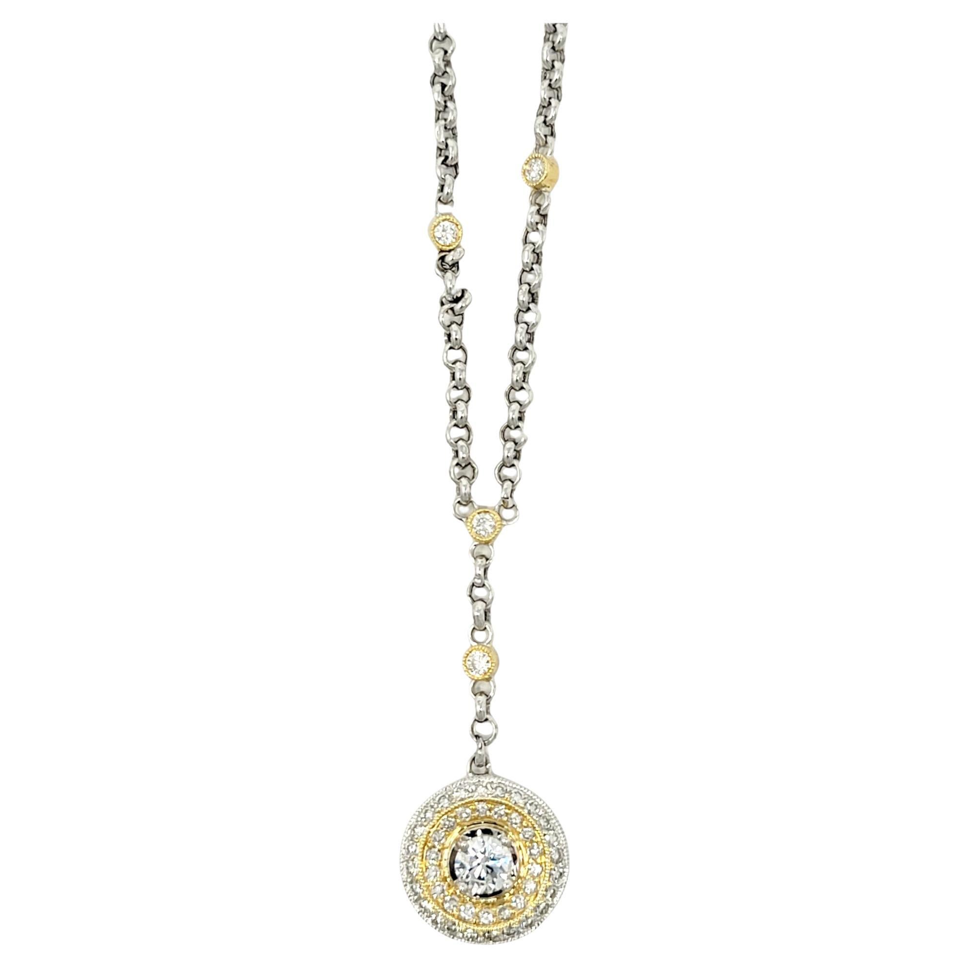 White and Yellow Gold Diamond Circle Y Drop Necklace with Station Cable Chain
