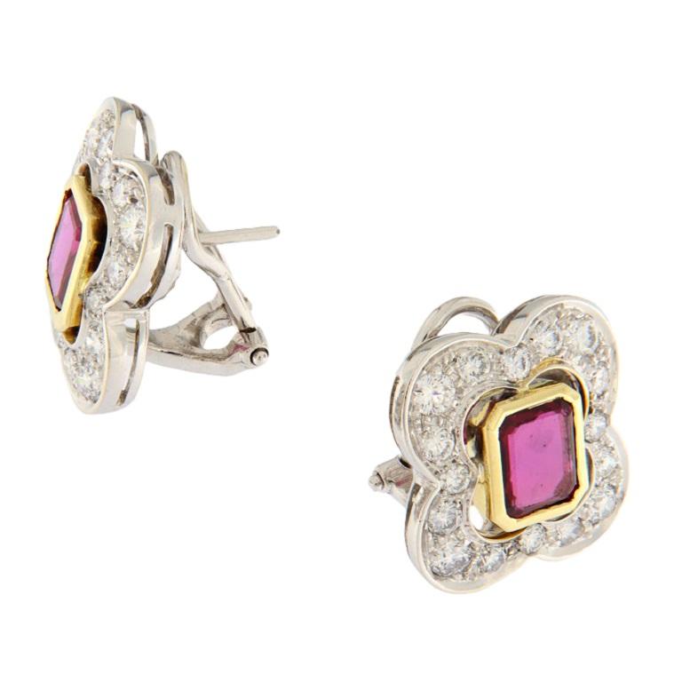 Contemporary White and yellow gold earrings with 1.90 ct rubies and 1.56 ct diamonds For Sale