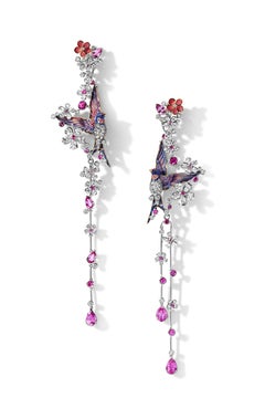 White and Yellow Gold Round Diamonds Round Sapphire Long Earring “Swallows”