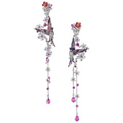 White and Yellow Gold Round Diamonds Round Sapphire Long Earring “Swallows”