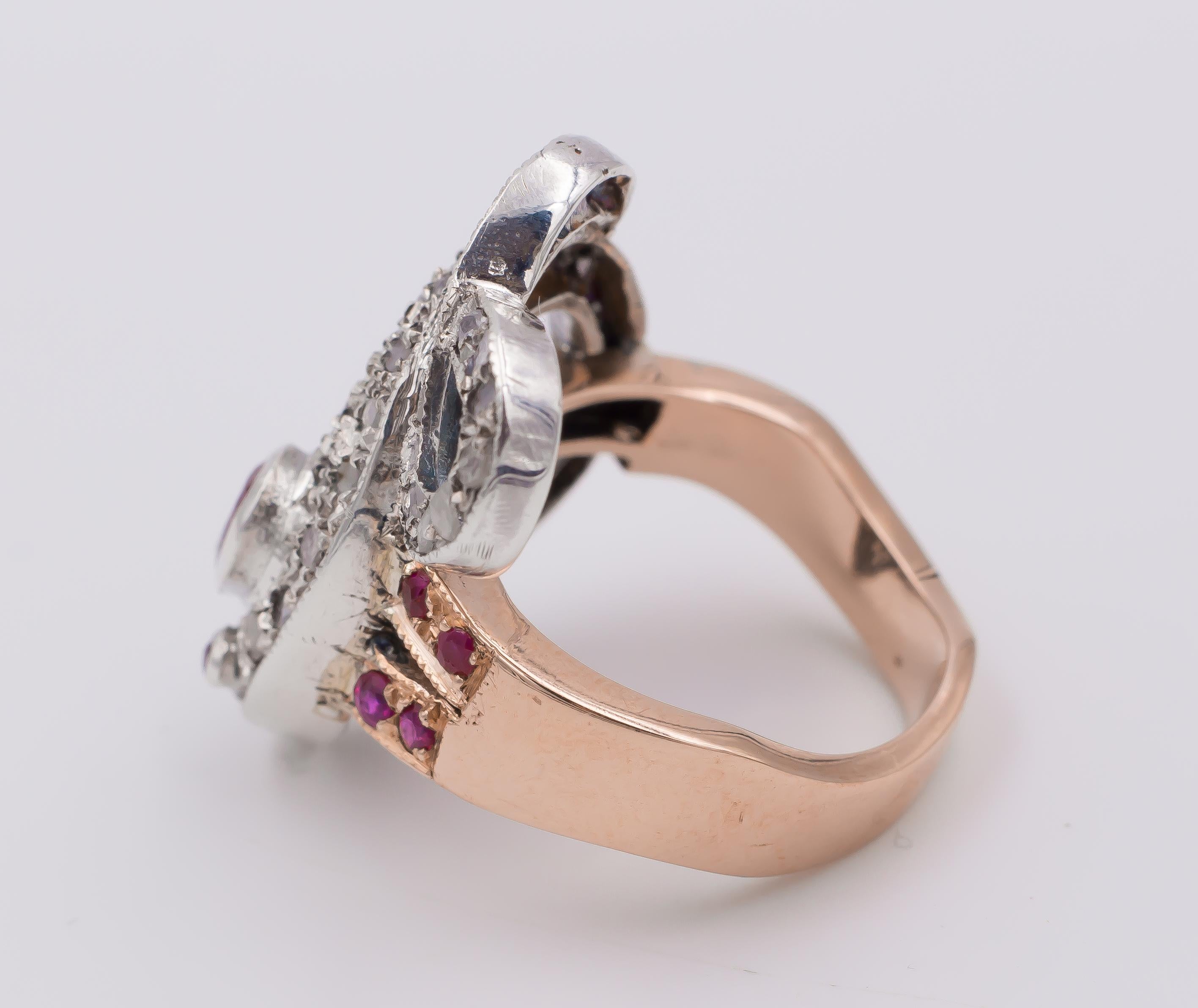 Modern White and Yellow Gold, Ruby and Rose Cut Diamond Snake Ring For Sale