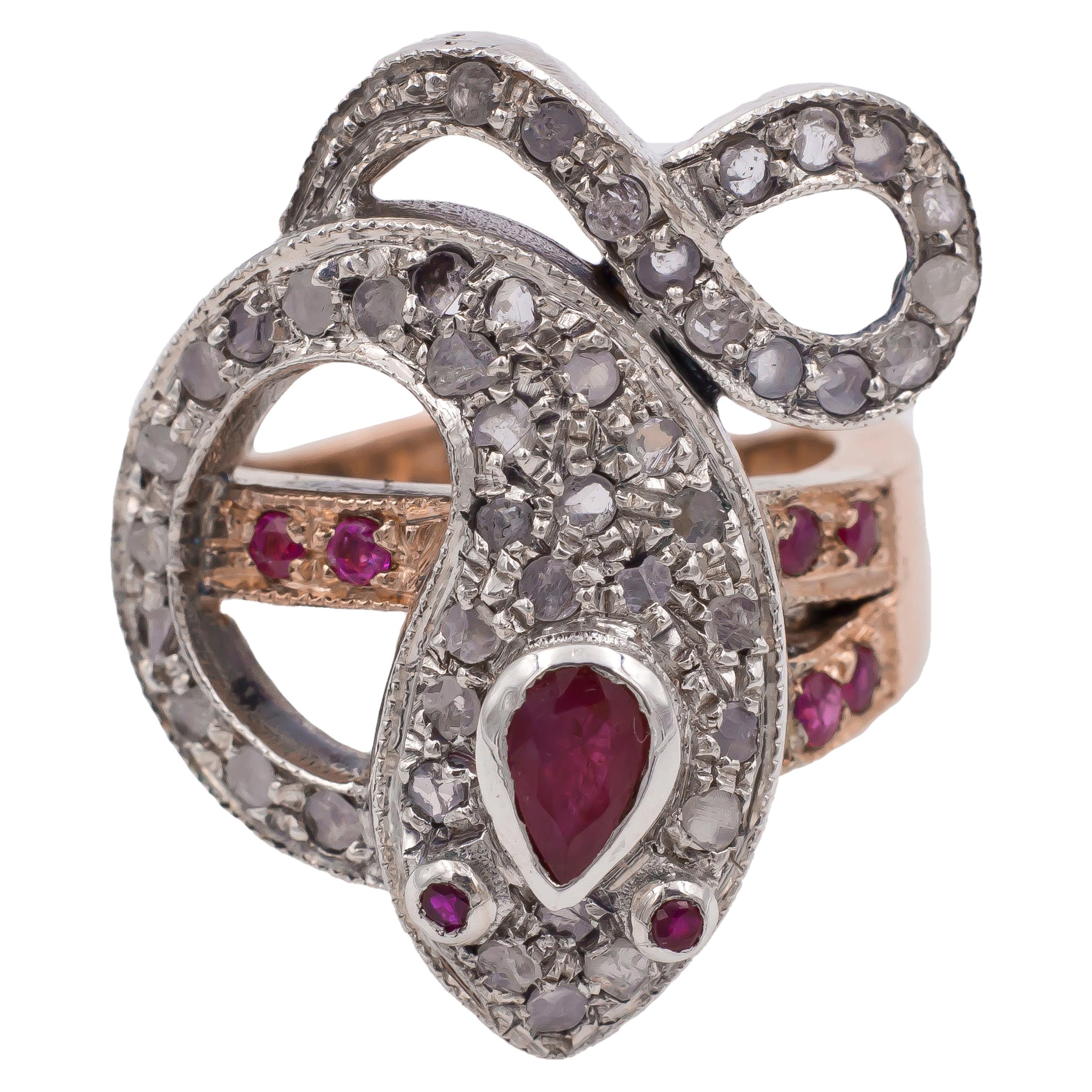 White and Yellow Gold, Ruby and Rose Cut Diamond Snake Ring For Sale