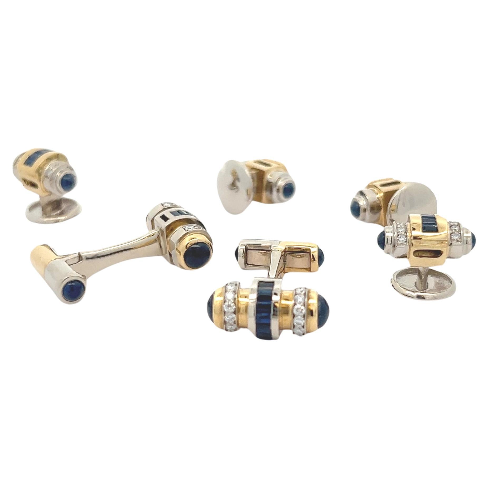 White and Yellow Gold Sapphire Diamonds Cufflinks and Stud Set