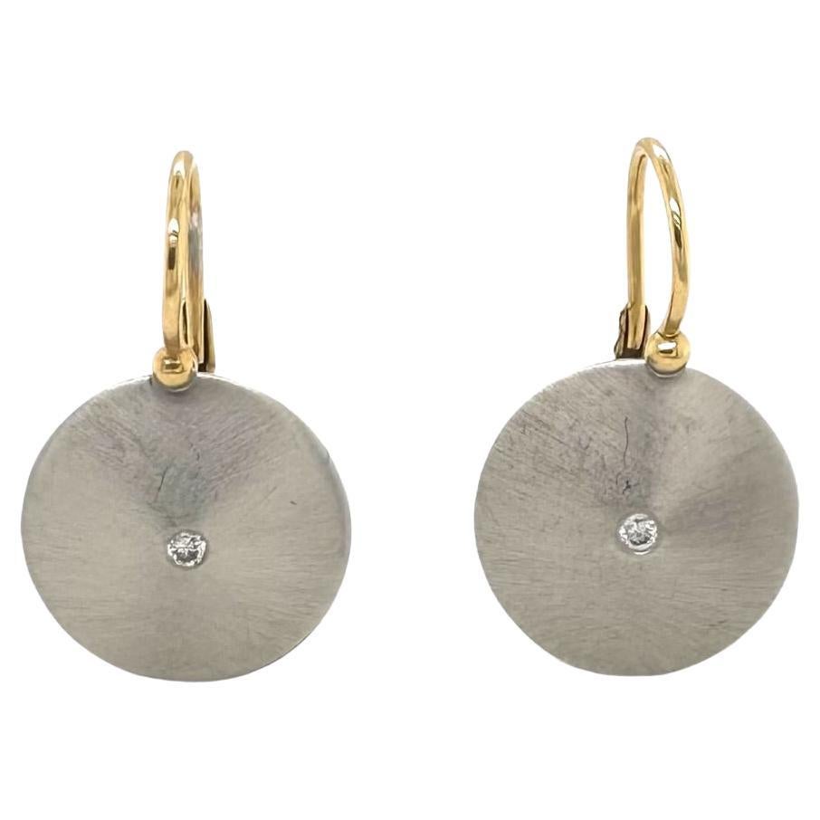 White And Yellow Gold Small Circle Diamond Dangle Earrings  For Sale