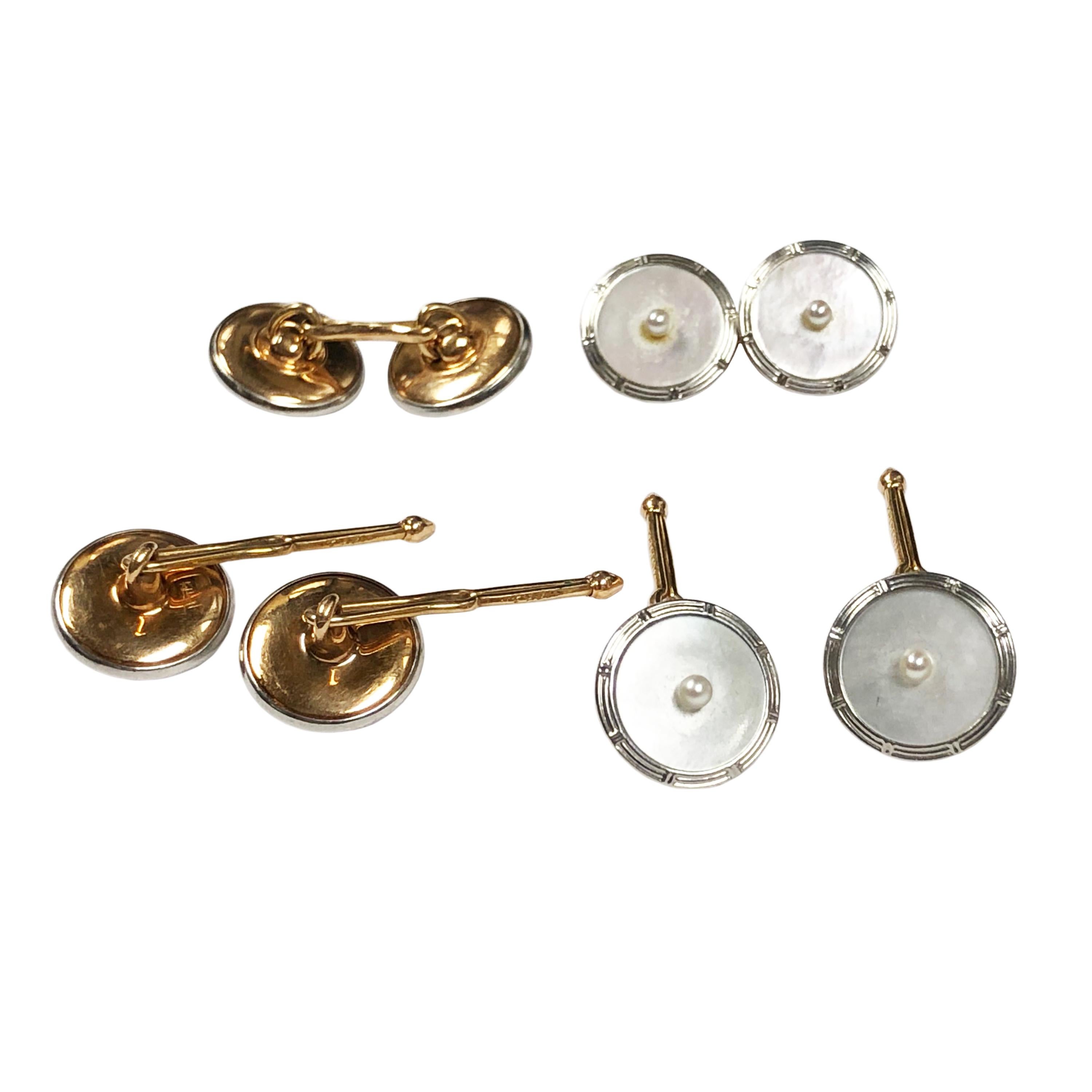 Art Deco White and Yellow Gold with Pearl Tuxedo Cufflinks and Shirt Stud Dress Set