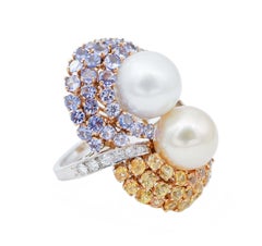 Pearl, Tanzanite, Yellow Sapphires, Diamonds, 14 Kt White Gold  Ring