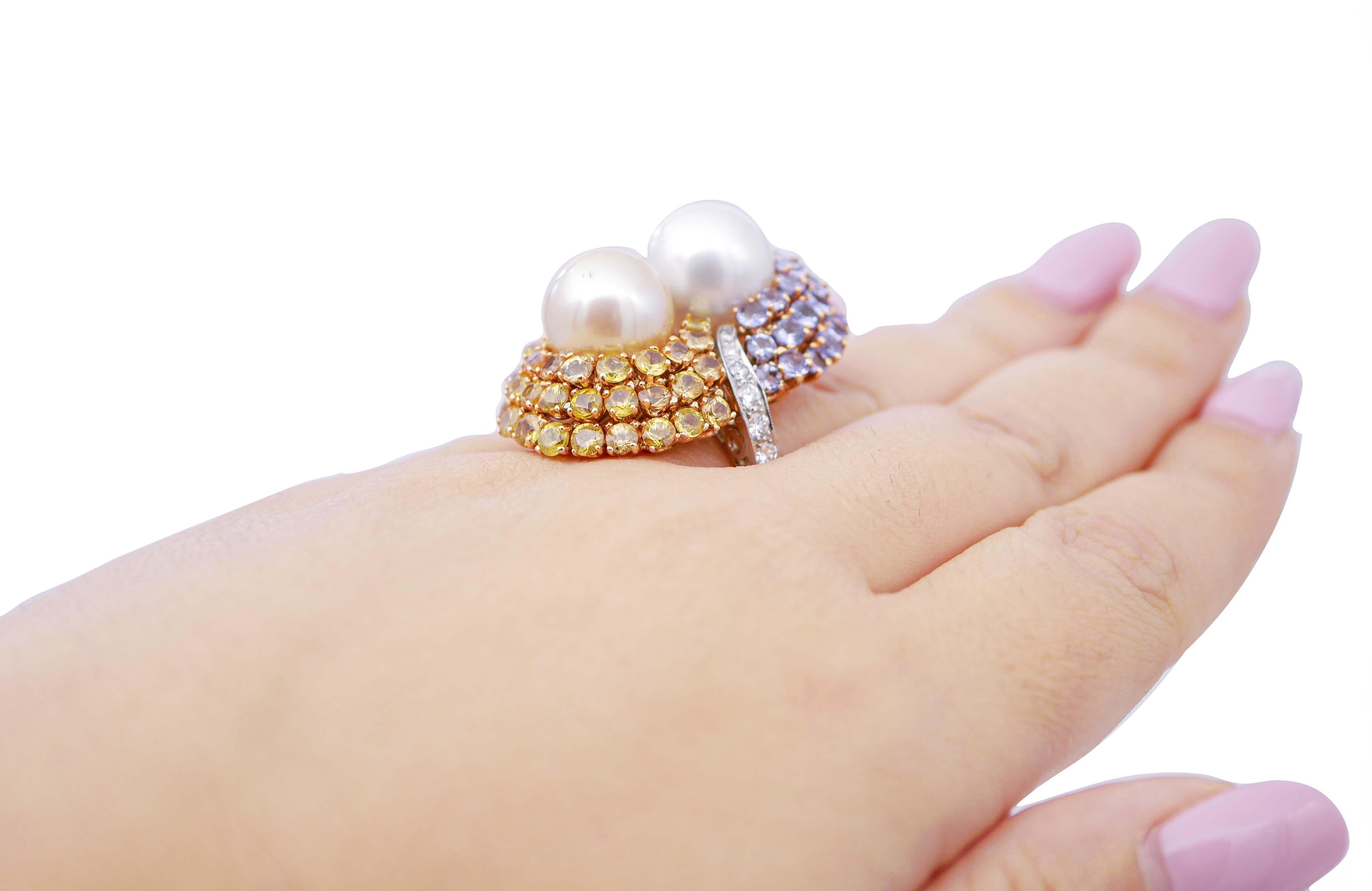 Perle, tanzanite, saphirs jaunes, diamants, or blanc 14 carats  Bague Bon état - En vente à Marcianise, Marcianise (CE)