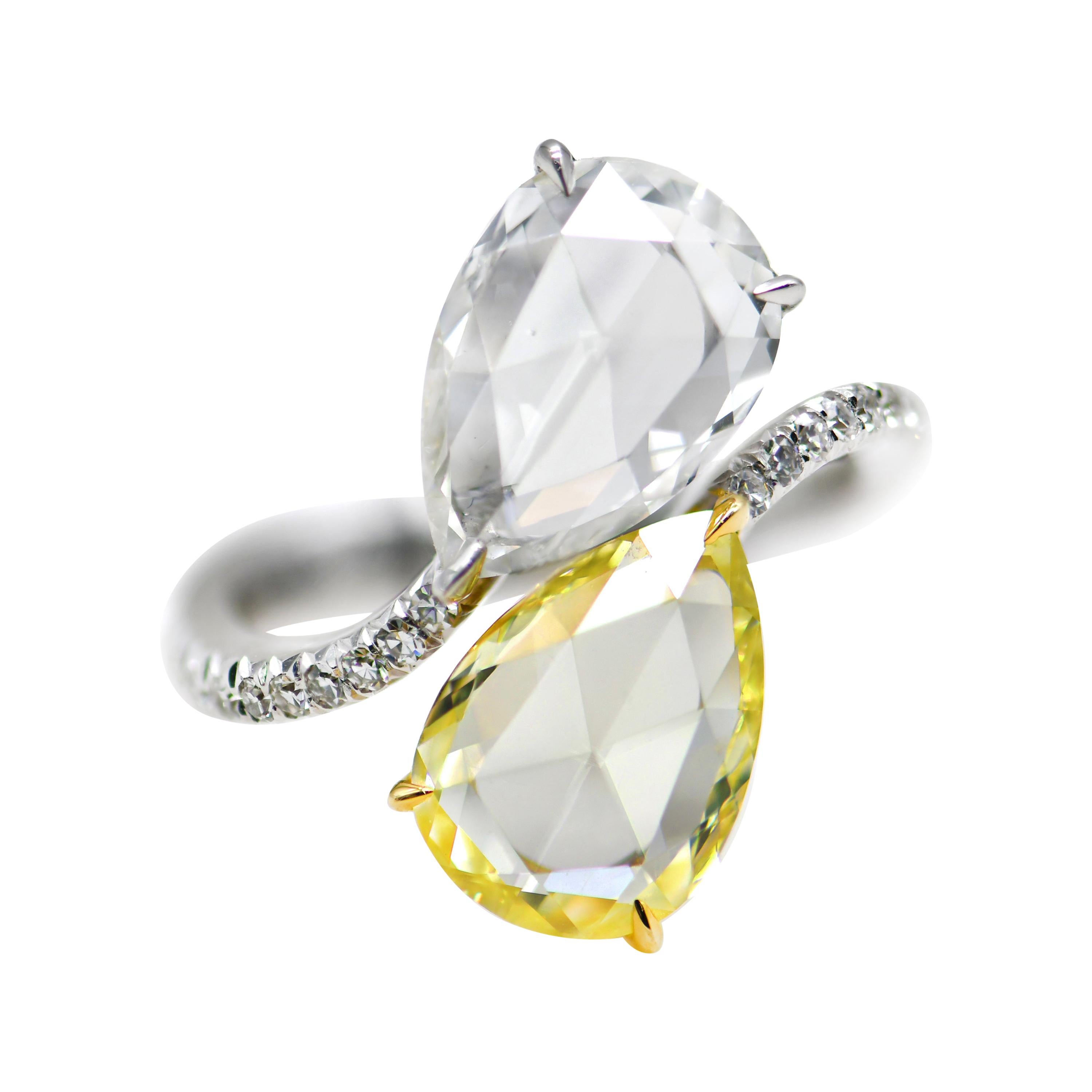 White and Yellow Rose Cut Pear Diamond Cocktail Ring in 18 Karat Gold For Sale