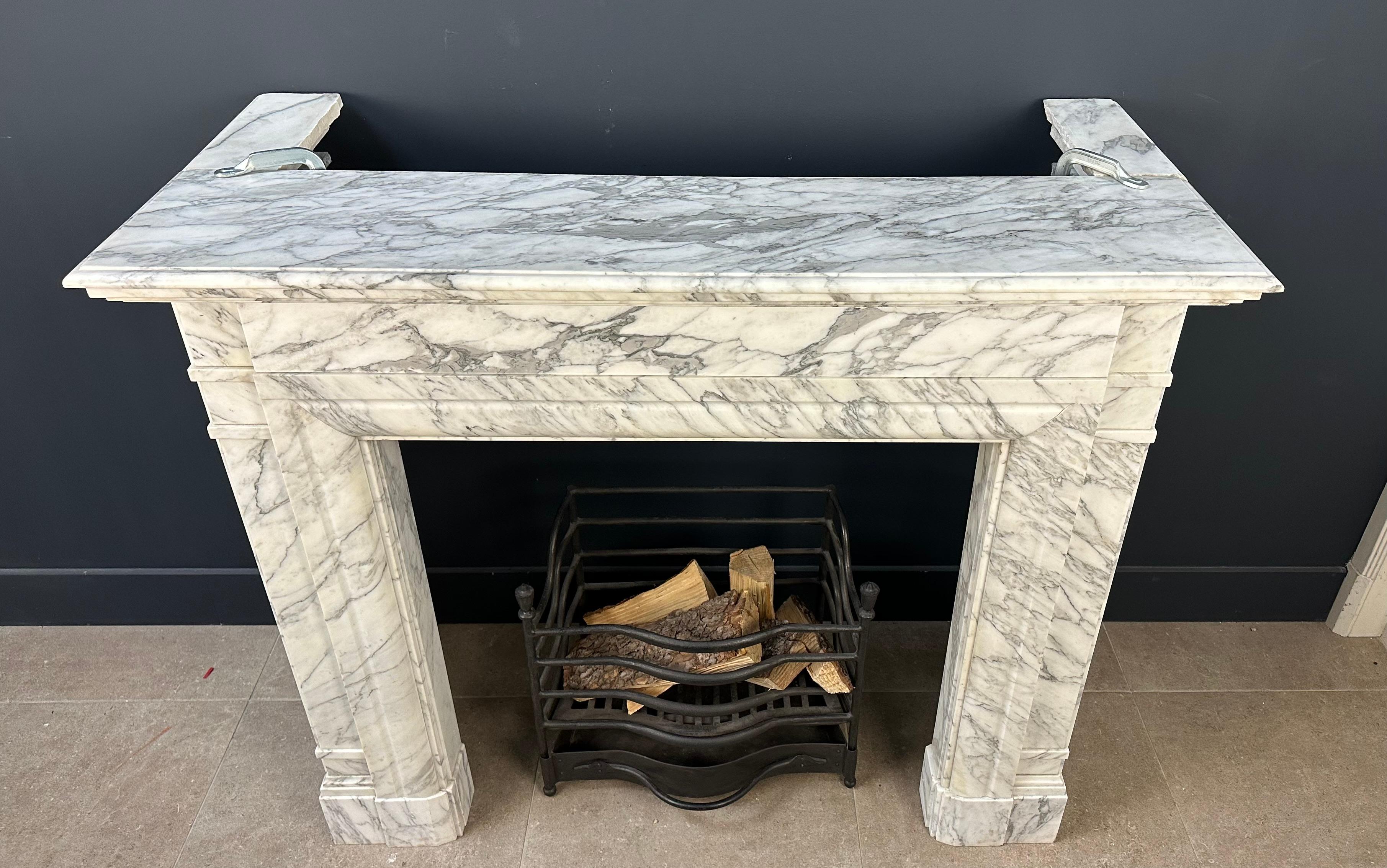 Hand-Carved White Antique Art-Deco Marble Fireplace Surround For Sale