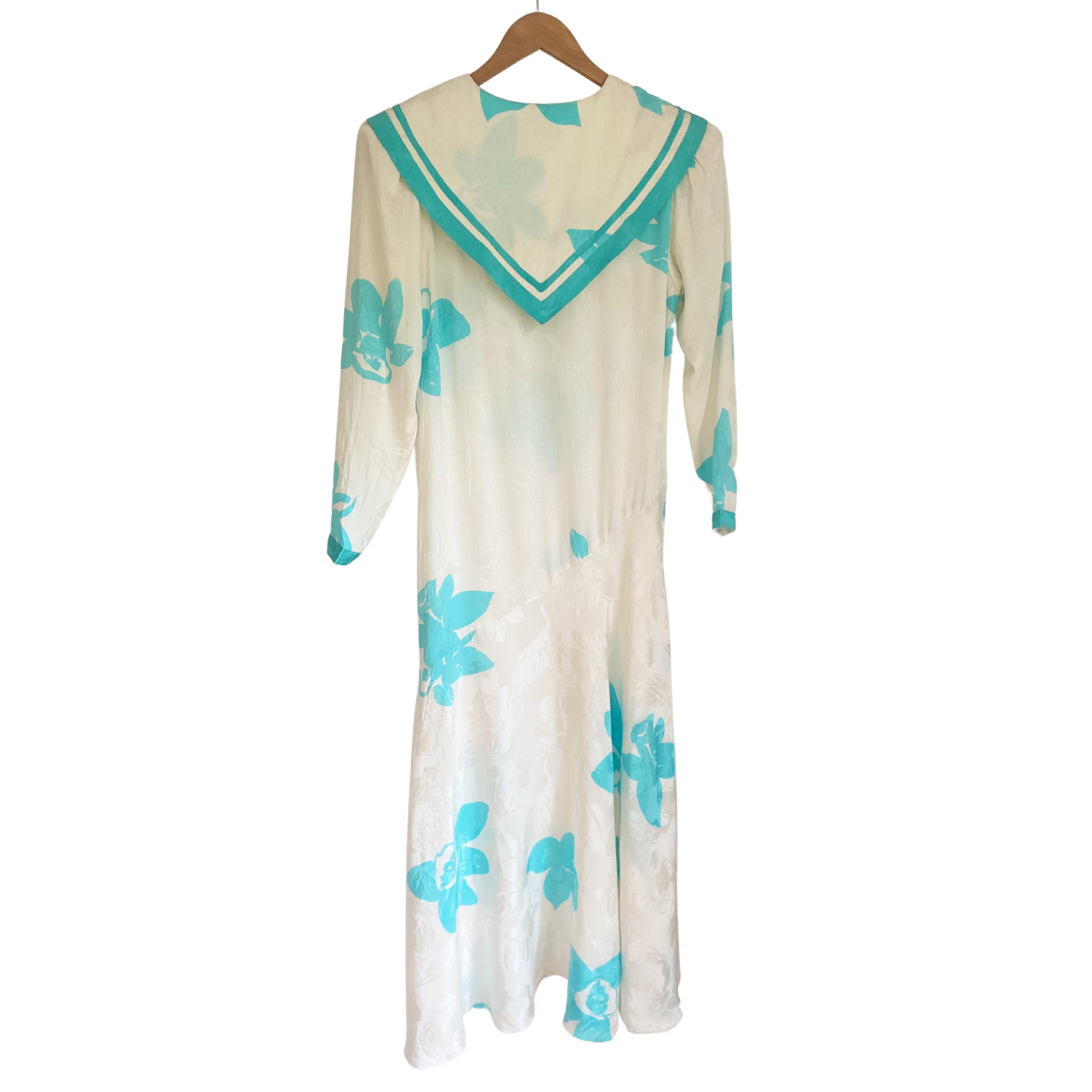 Gray White Aqua Floral DIANA Silk Sailor Dress from Flora Kung  For Sale