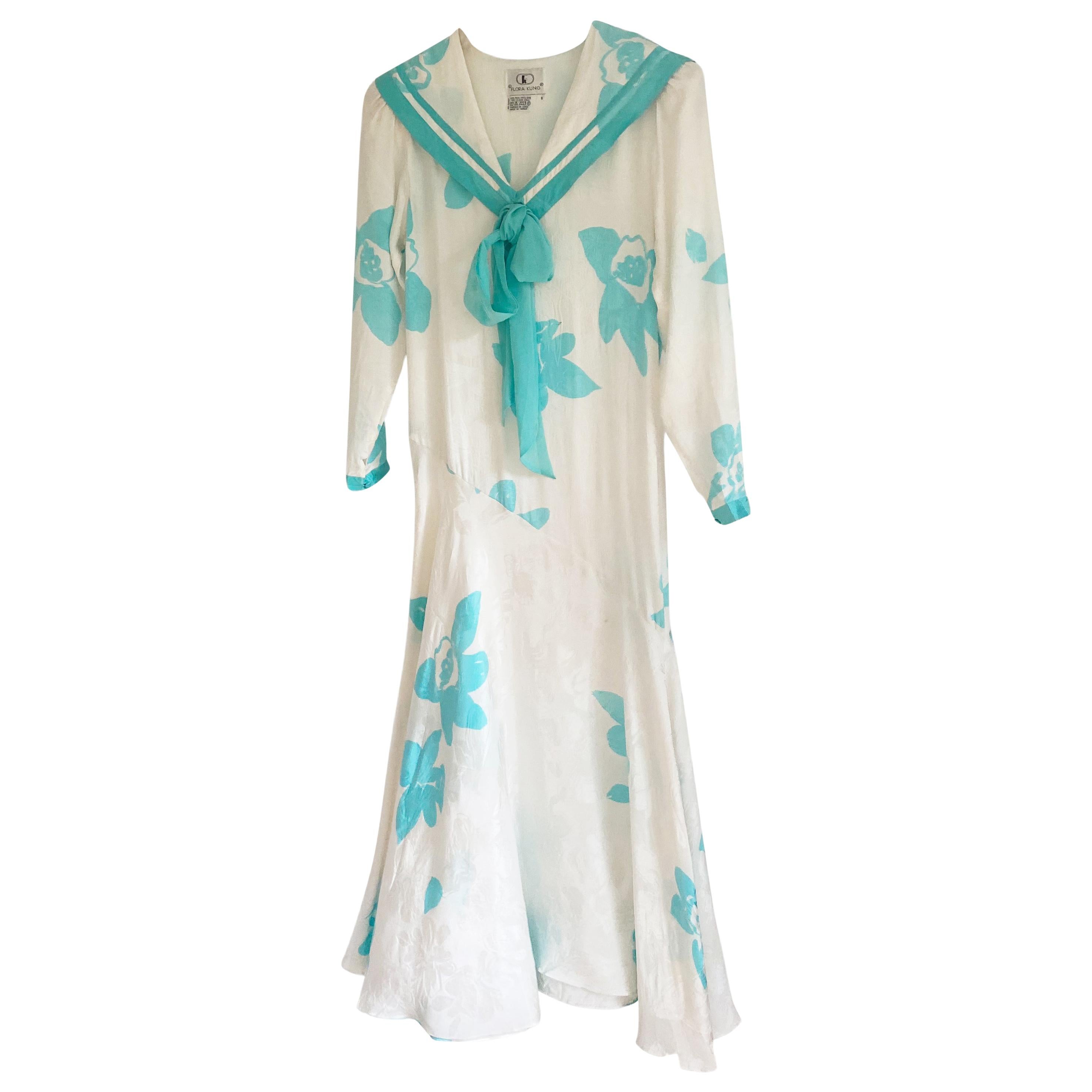 White Aqua Floral DIANA Silk Sailor Dress from Flora Kung  For Sale