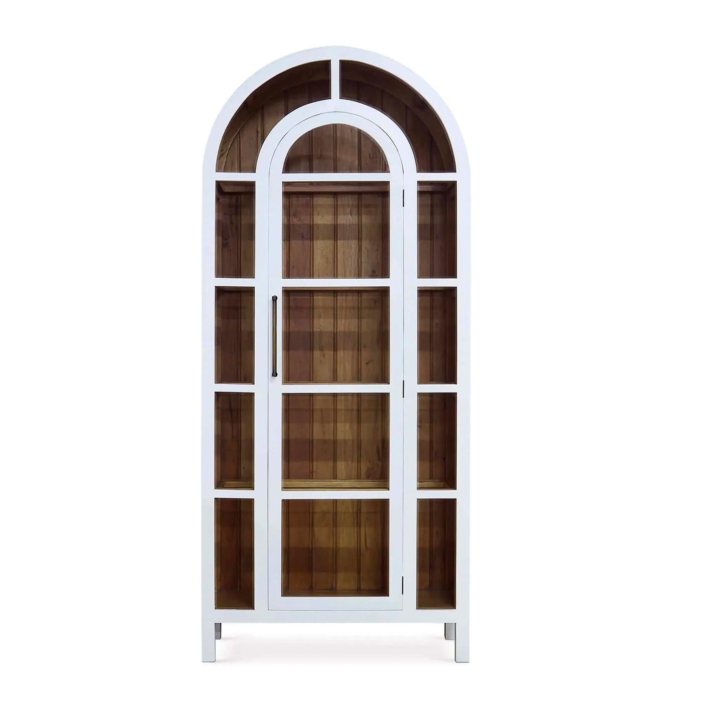 Crafted with a sturdy wooden frame, this cabinet features an eye-catching arched design that adds a touch of sophistication to any room. The true white finish provides a classic complement to the natural driftwood interior, enhancing its visual