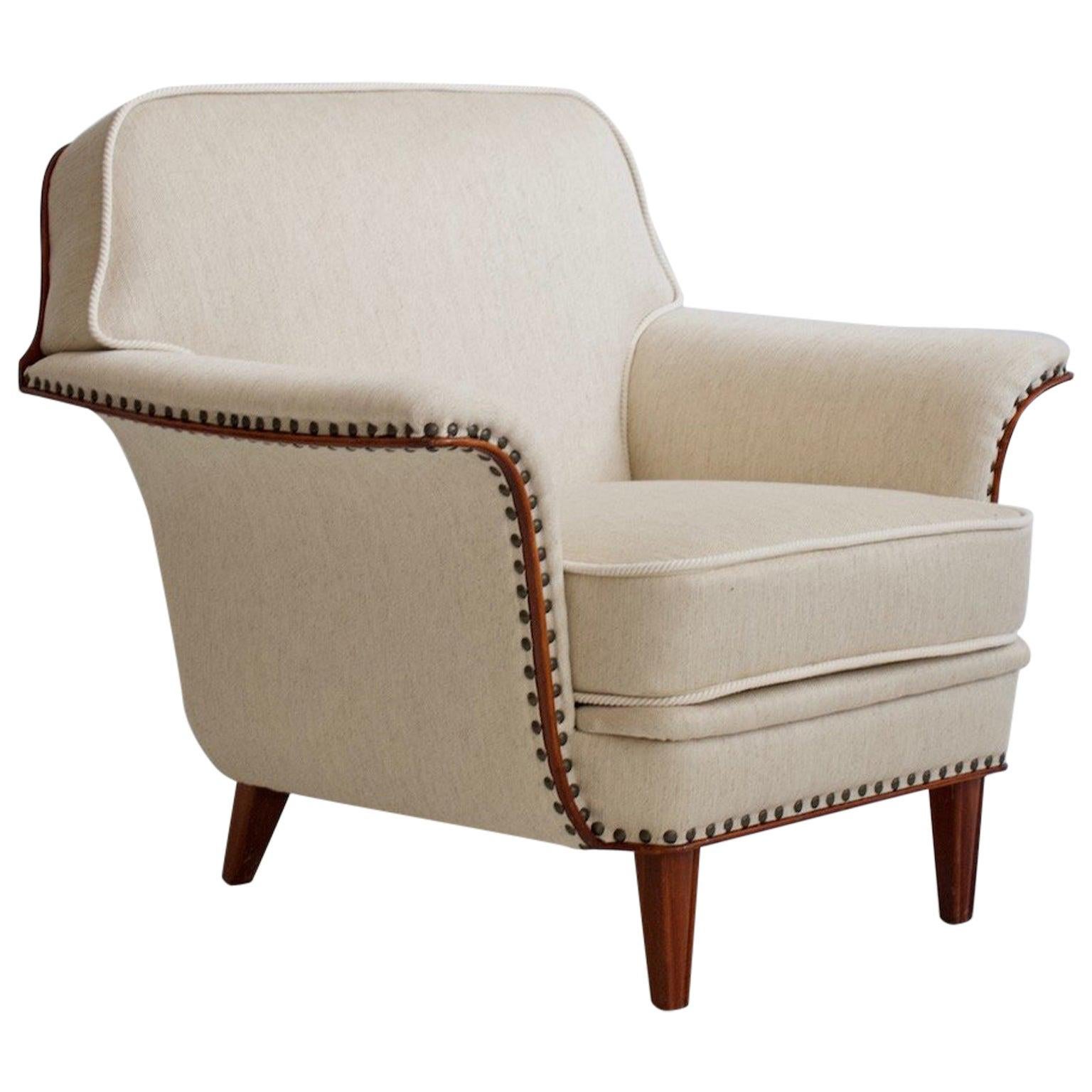 White Armchair with Stained Beech Legs