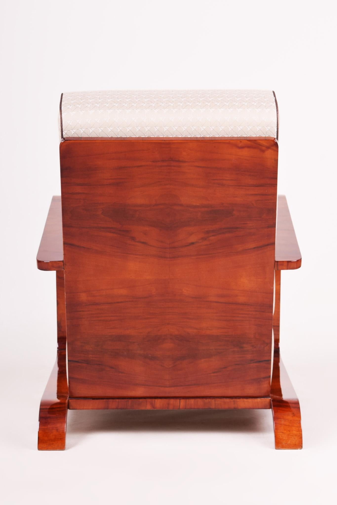 Fabric White Art Deco Armchair from Czechia, 1920s, Walnut, Restored Upholstery For Sale