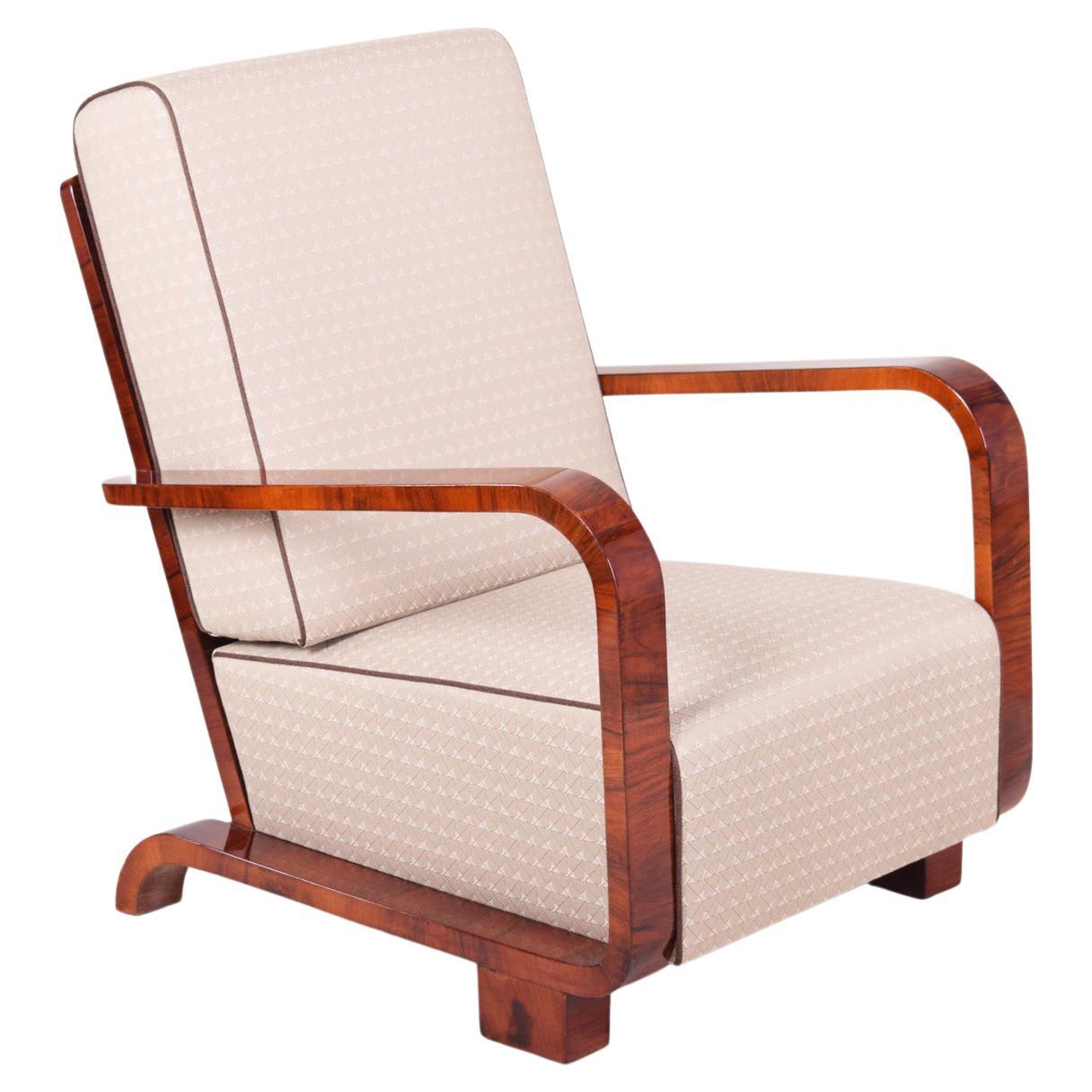 White Art Deco Armchair from Czechia, 1920s, Walnut, Restored Upholstery For Sale