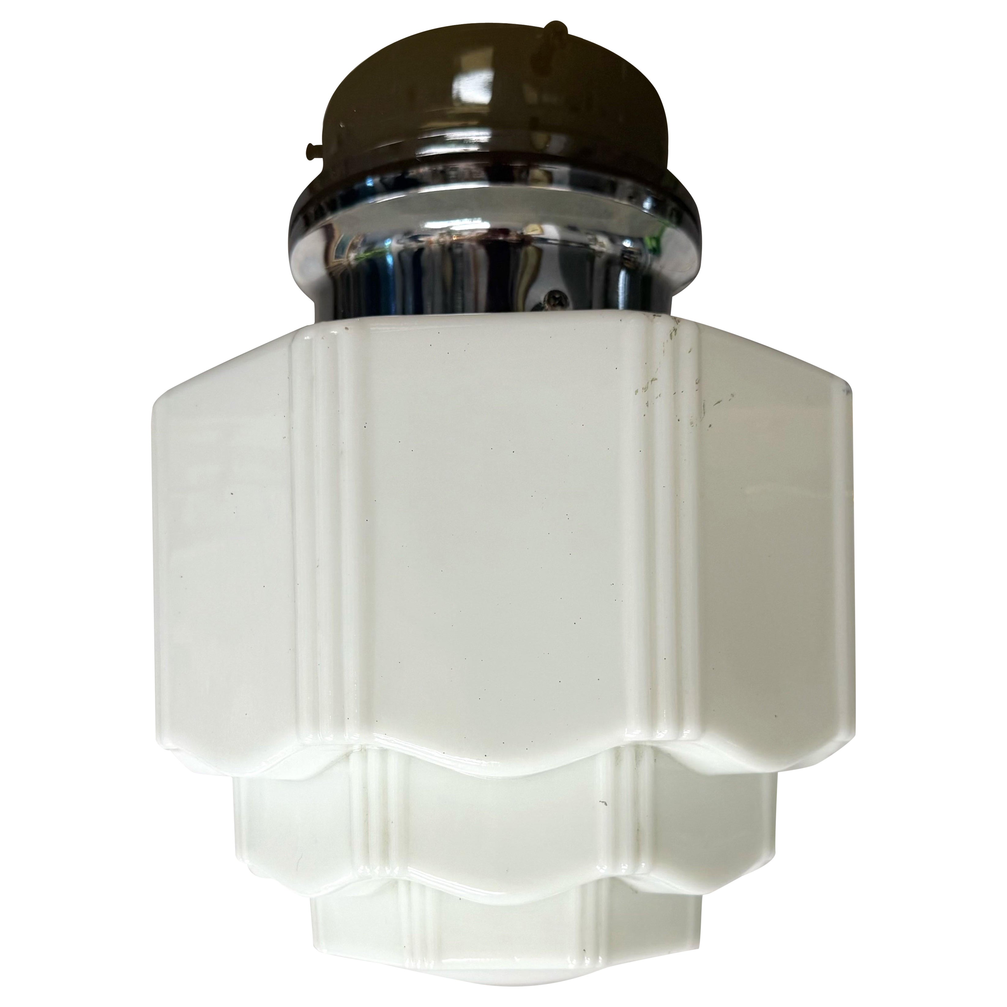 White Art Deco Cased Glass 8 Panel Flush Mount Fixture Circa 1930