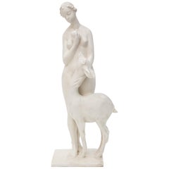 Vintage White Art Deco Ceramic Sculpture "Diana with Stag, "