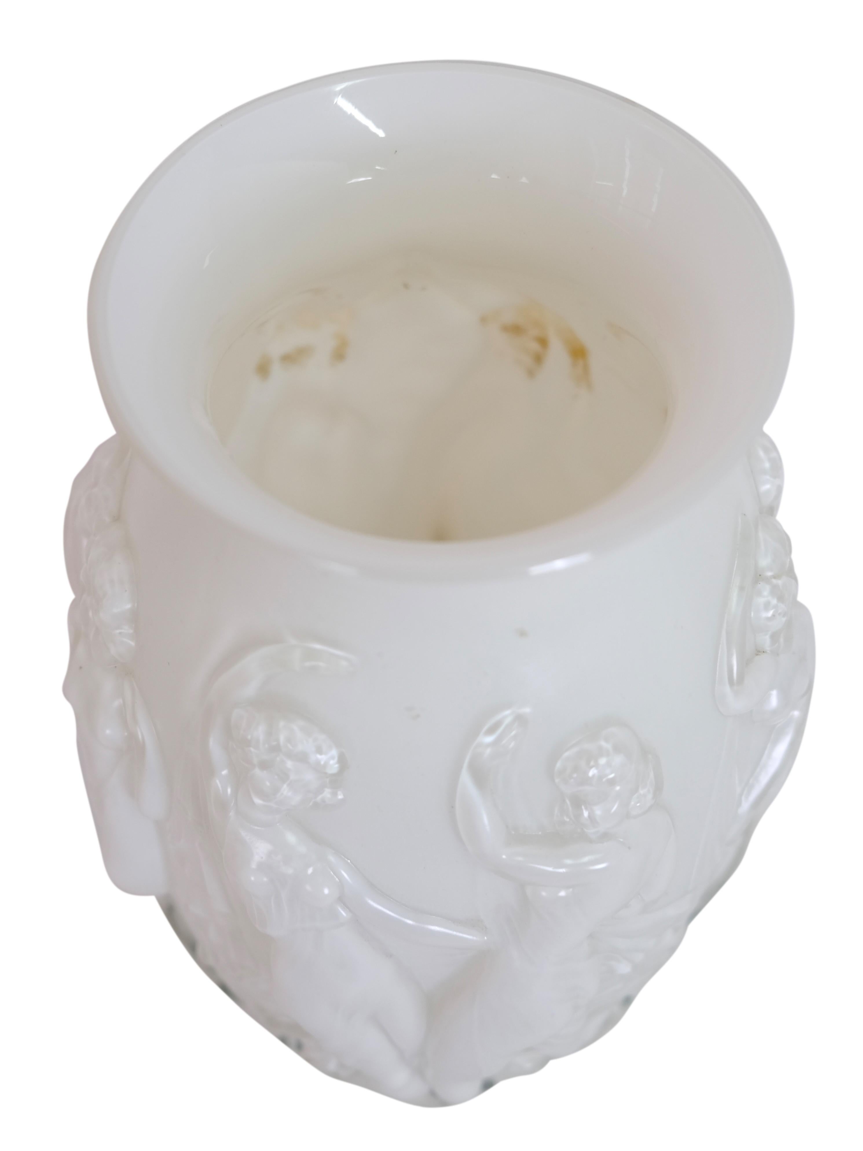 French White Art Deco Glass Vase with Dancer Figures All Around by Sabino