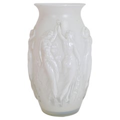White Art Deco Glass Vase with Dancer Figures All Around by Sabino