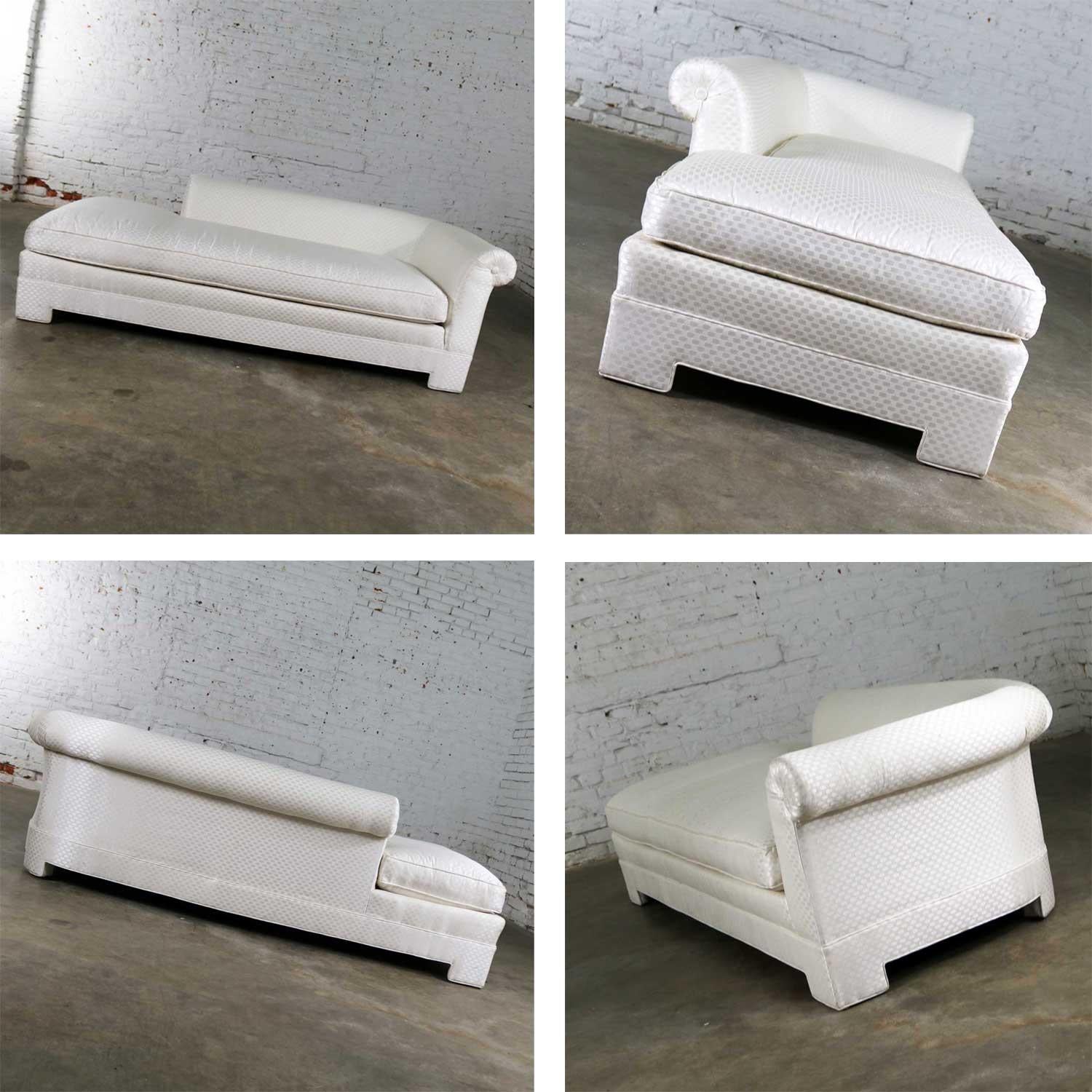 White Art Deco Hollywood Regency Chaise with Loose Pillows & Rolled Arm & Back 9