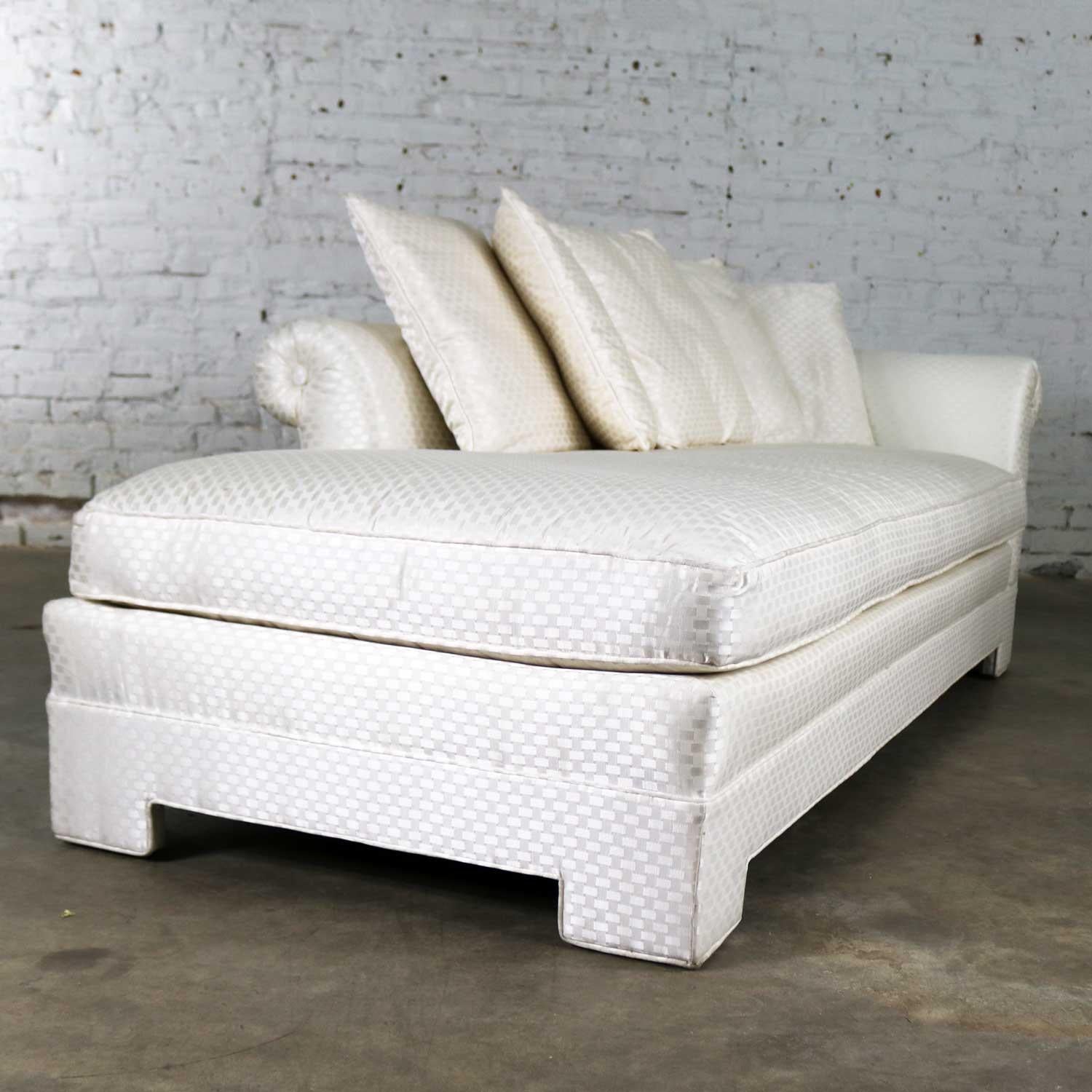 Fabric White Art Deco Hollywood Regency Chaise with Loose Pillows & Rolled Arm & Back
