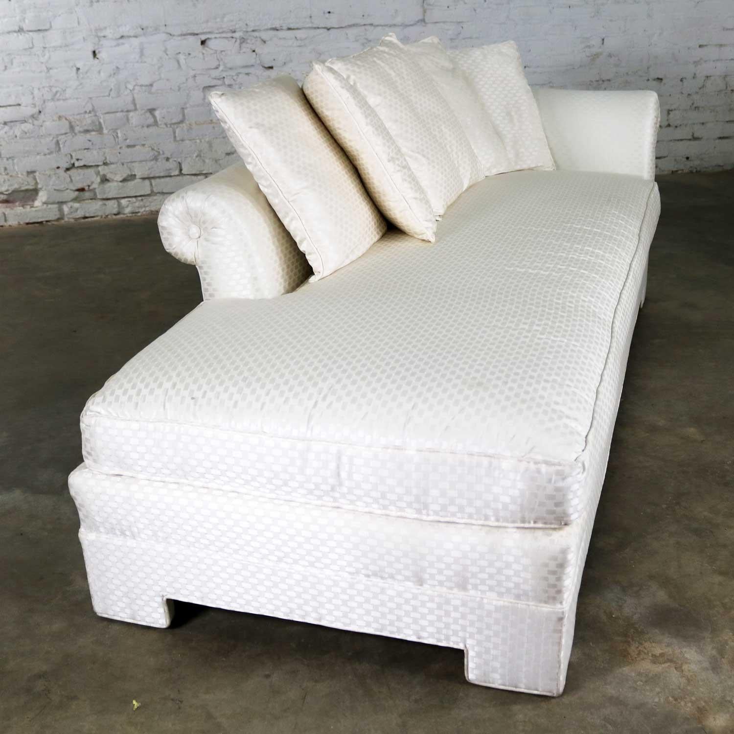 White Art Deco Hollywood Regency Chaise with Loose Pillows & Rolled Arm & Back 1
