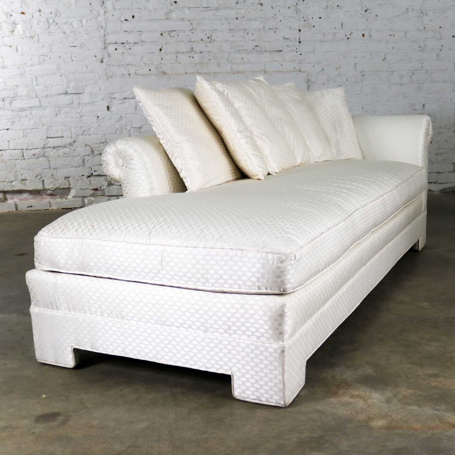 White Art Deco Hollywood Regency Chaise with Loose Pillows & Rolled Arm & Back 3