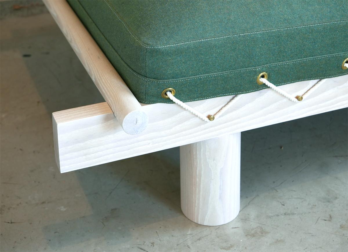 Modern Daybed in White Ash with Wool Upholstery and Brass Pegs by Hinterland Design For Sale