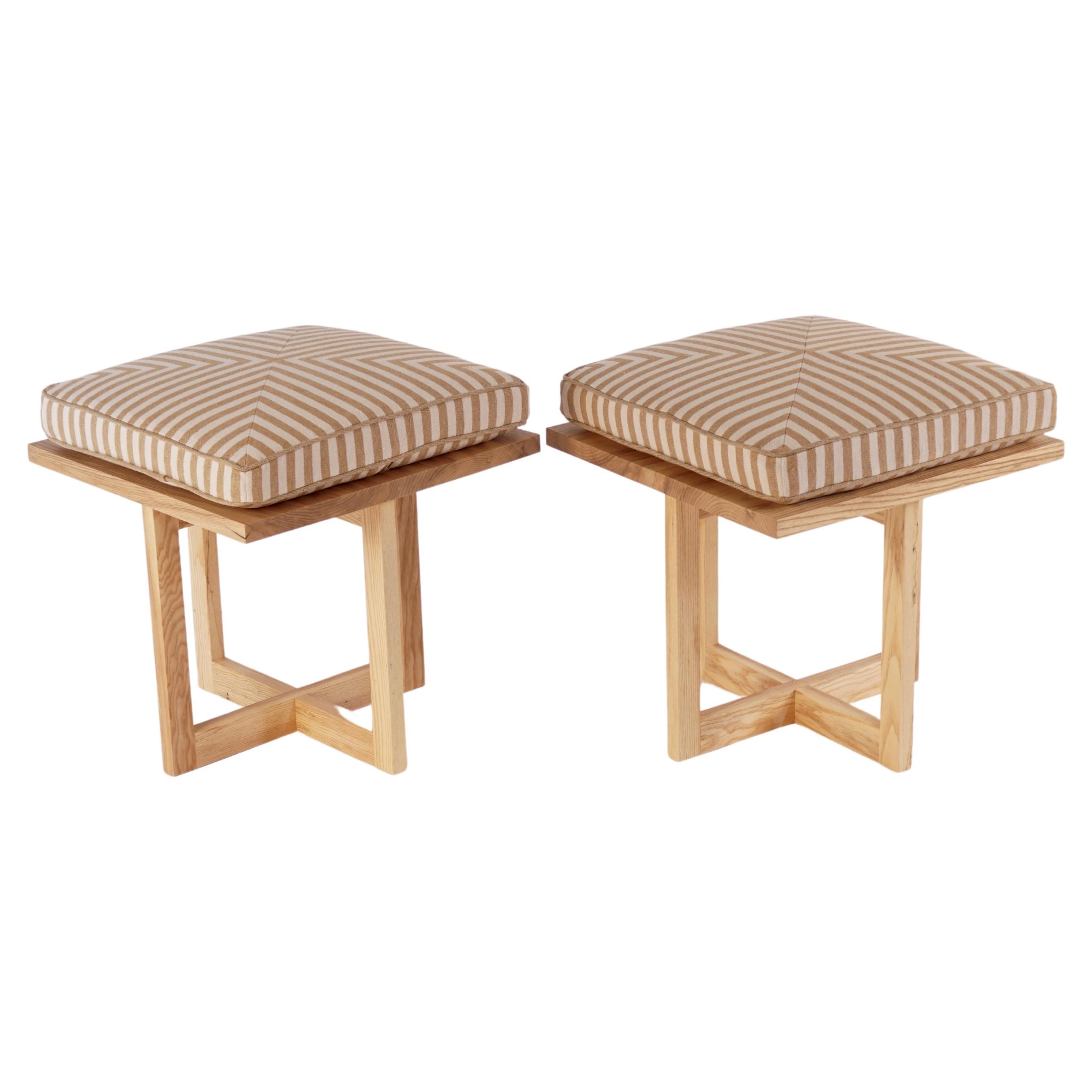 White Ash Grid Base Stools - Set of Two For Sale