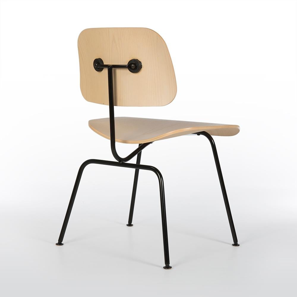 Mid-Century Modern White Ash Herman Miller Eames Molded Plywood DCM Dining Chair Black Metal Base