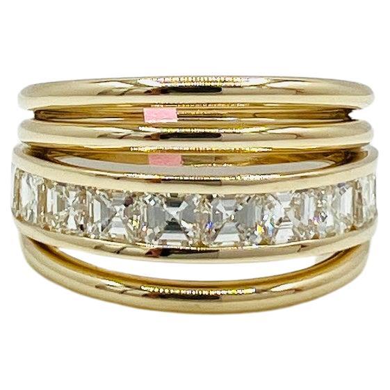 Bague à large bande en or jaune 14K avec diamant Asscher blanc