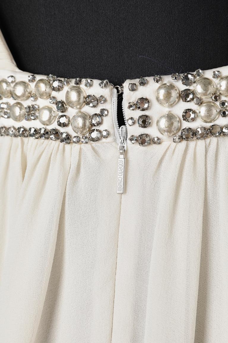 Women's White asymmetrical draped short cocktail dress with beaded work Roberto Cavalli  For Sale