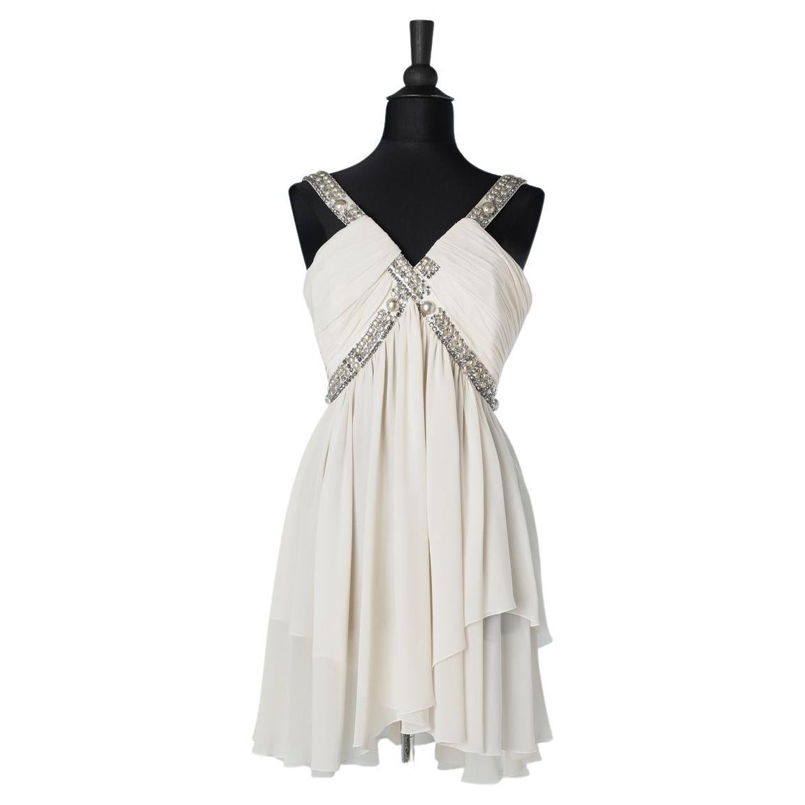 White asymmetrical draped short cocktail dress with beaded work Roberto Cavalli  For Sale