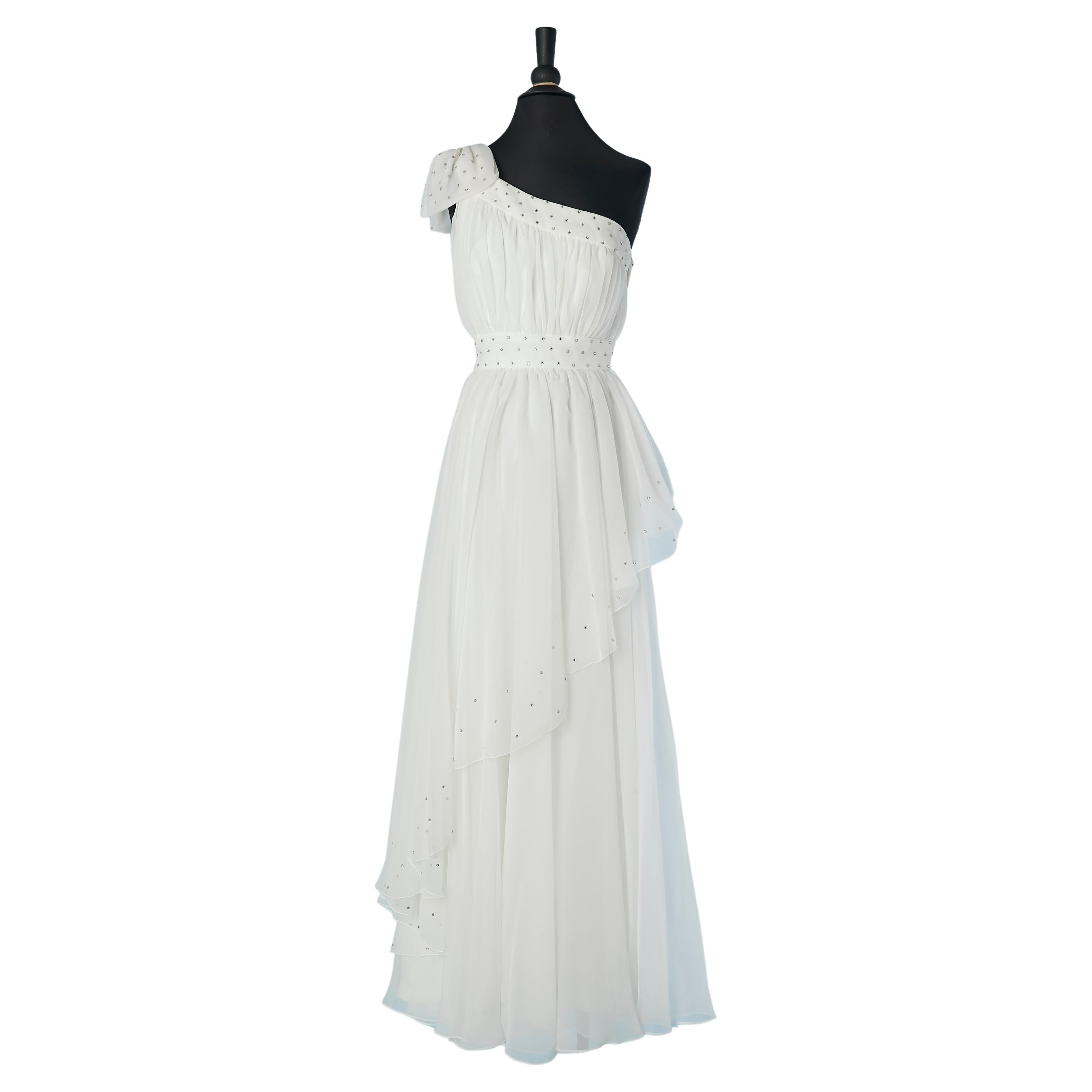White asymmetrical evening dress with rhinestone embellishment Mike Benet Formal For Sale