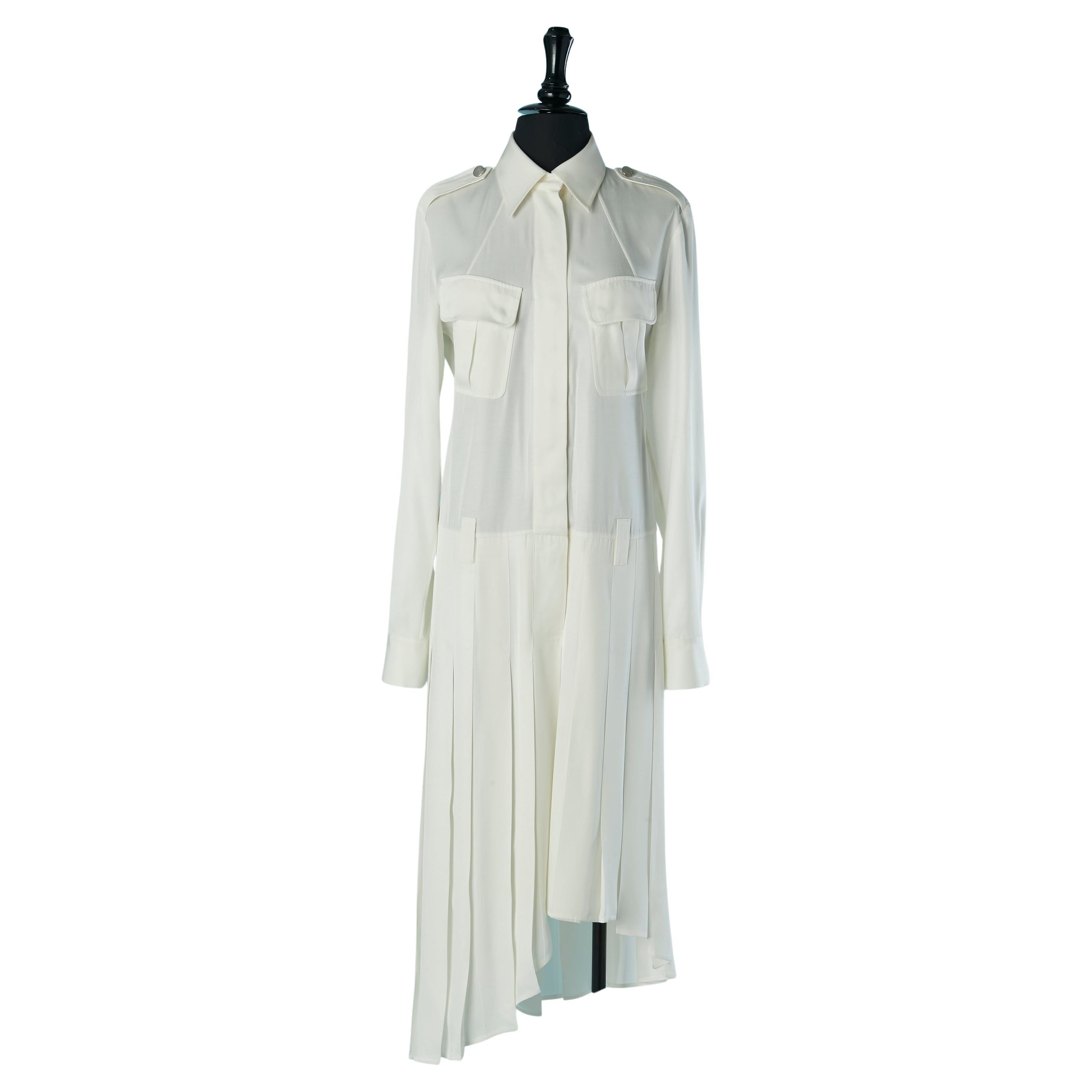 White asymmetrical rayon pleated shirt dress BARBARA BUI