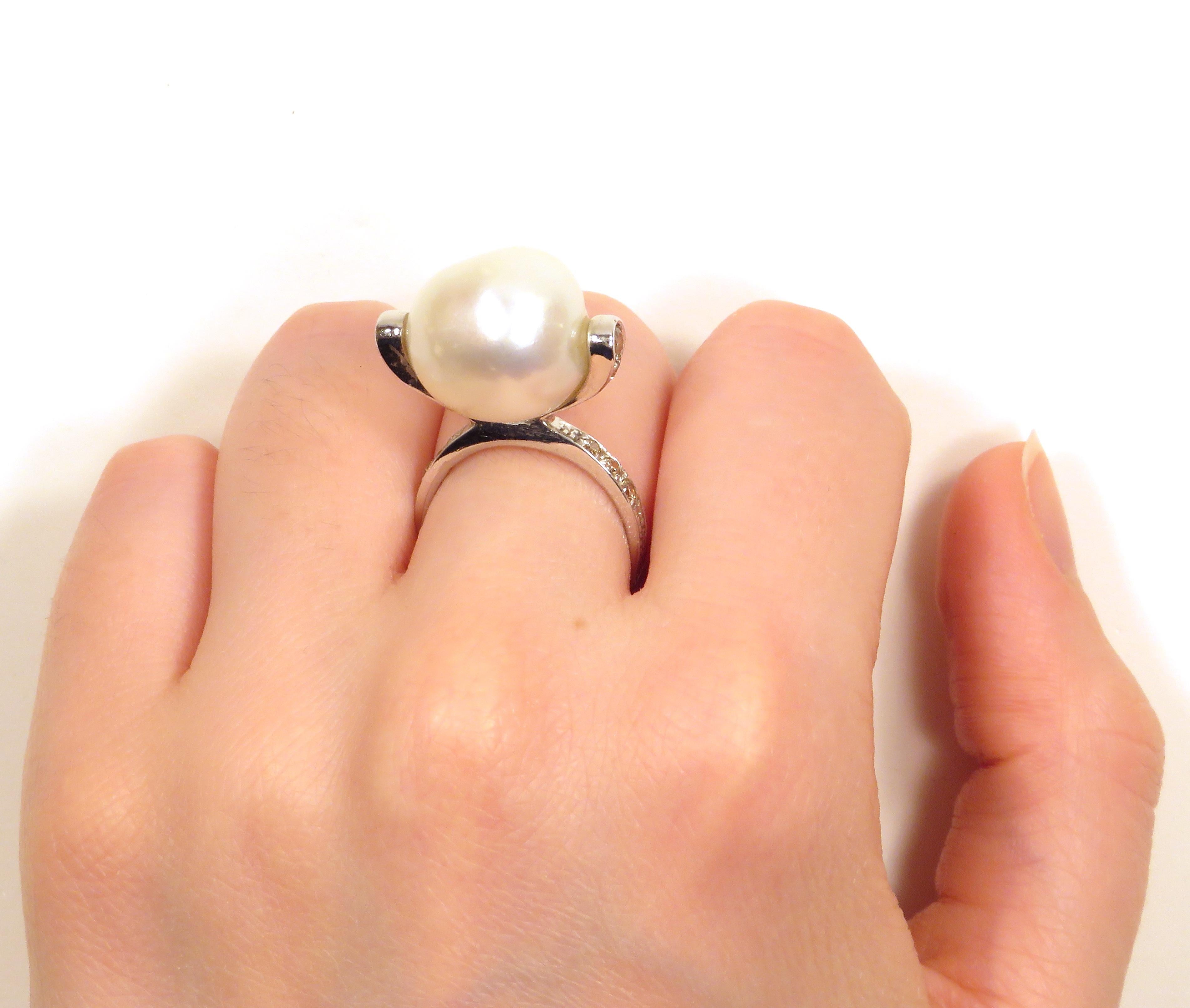 Contemporary White Australian Pearl Diamonds White Gold Ring Handcrafted in Italy For Sale