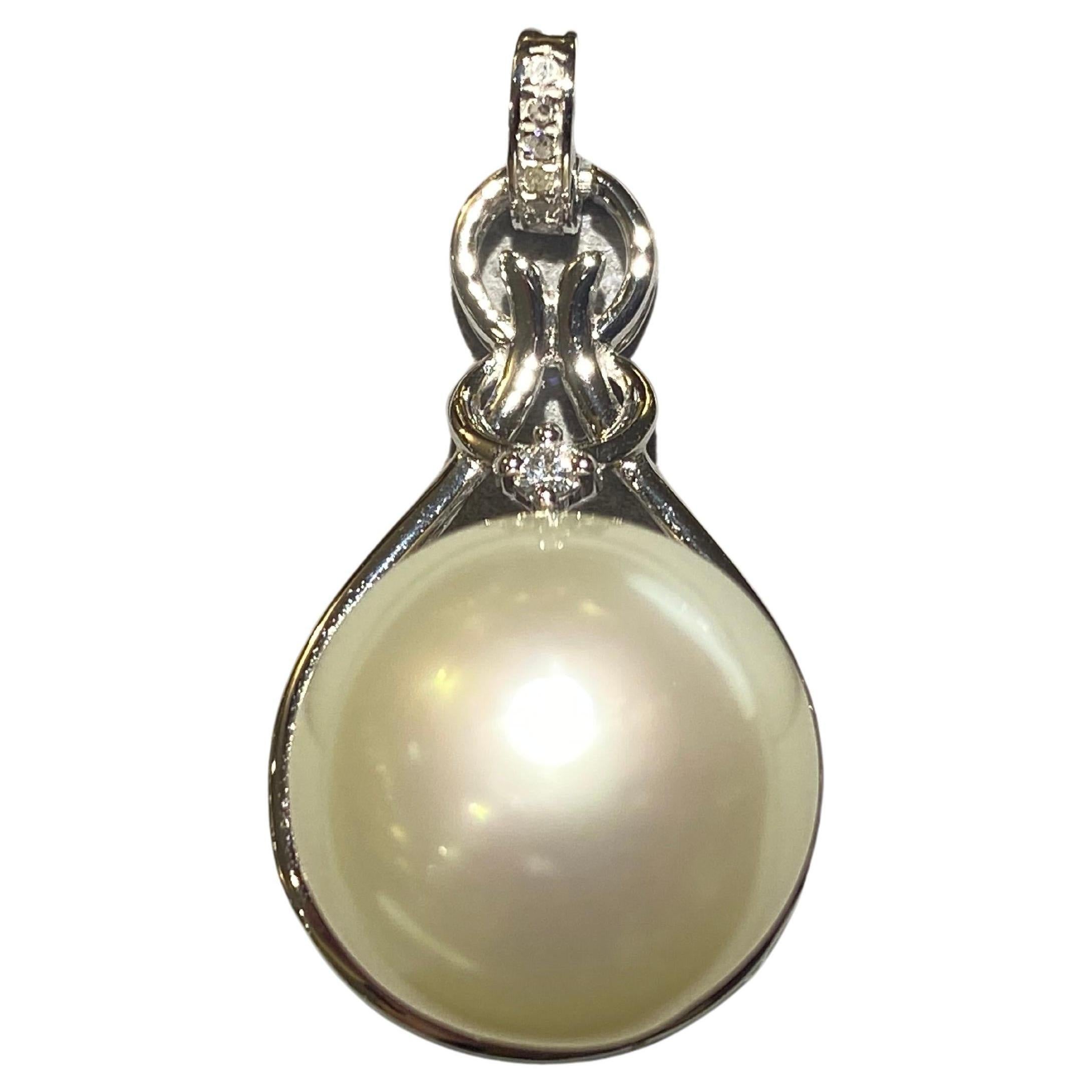 White Australian South Sea Pearl and Diamond Pendant in 18k White Gold For Sale