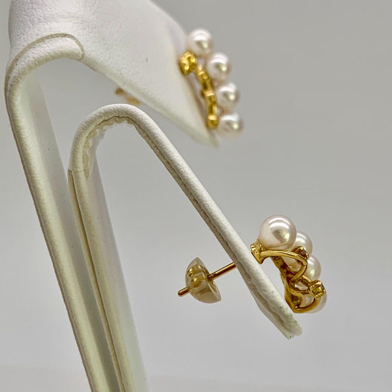 Artisan White Baby Akoya Pearl Gold Diamond Earrings, 'E221' For Sale