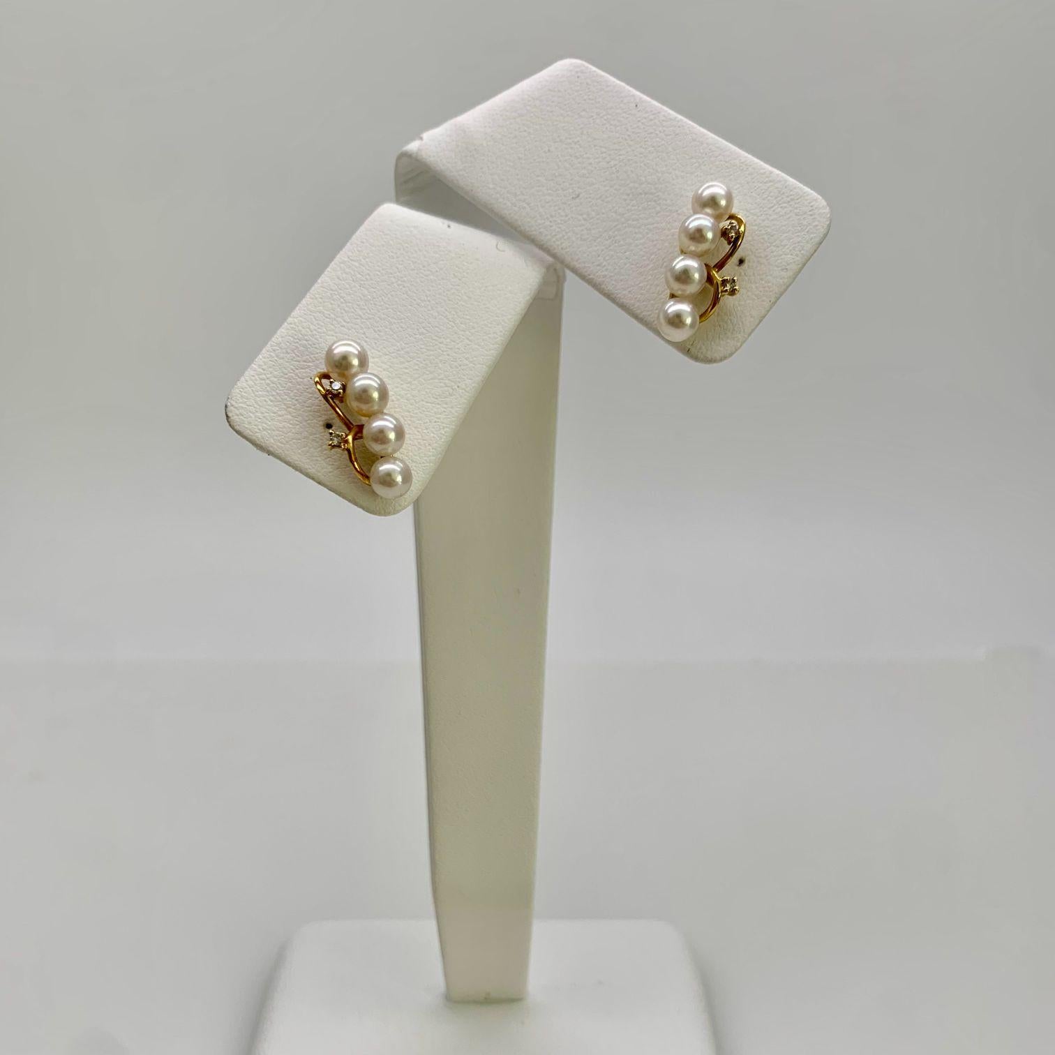 Women's or Men's White Baby Akoya Pearl Gold Diamond Earrings, 'E221' For Sale