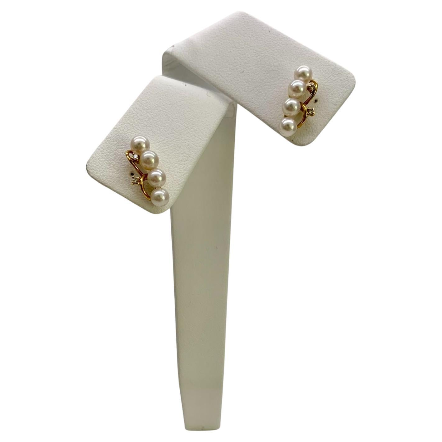 White Baby Akoya Pearl Gold Diamond Earrings, 'E221' For Sale