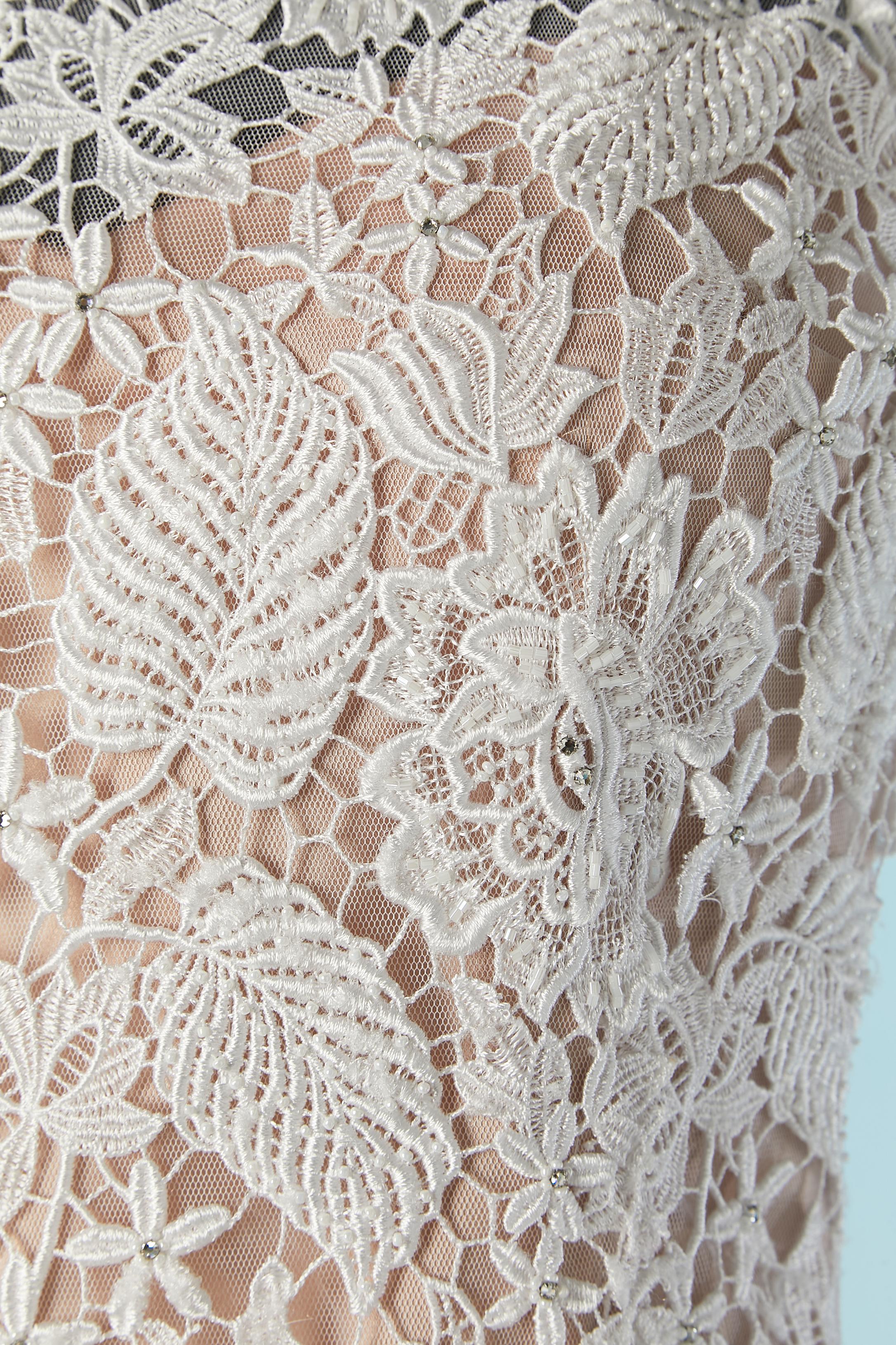 Gray White backless lace cocktail dress with feather edge Jovani For Sale
