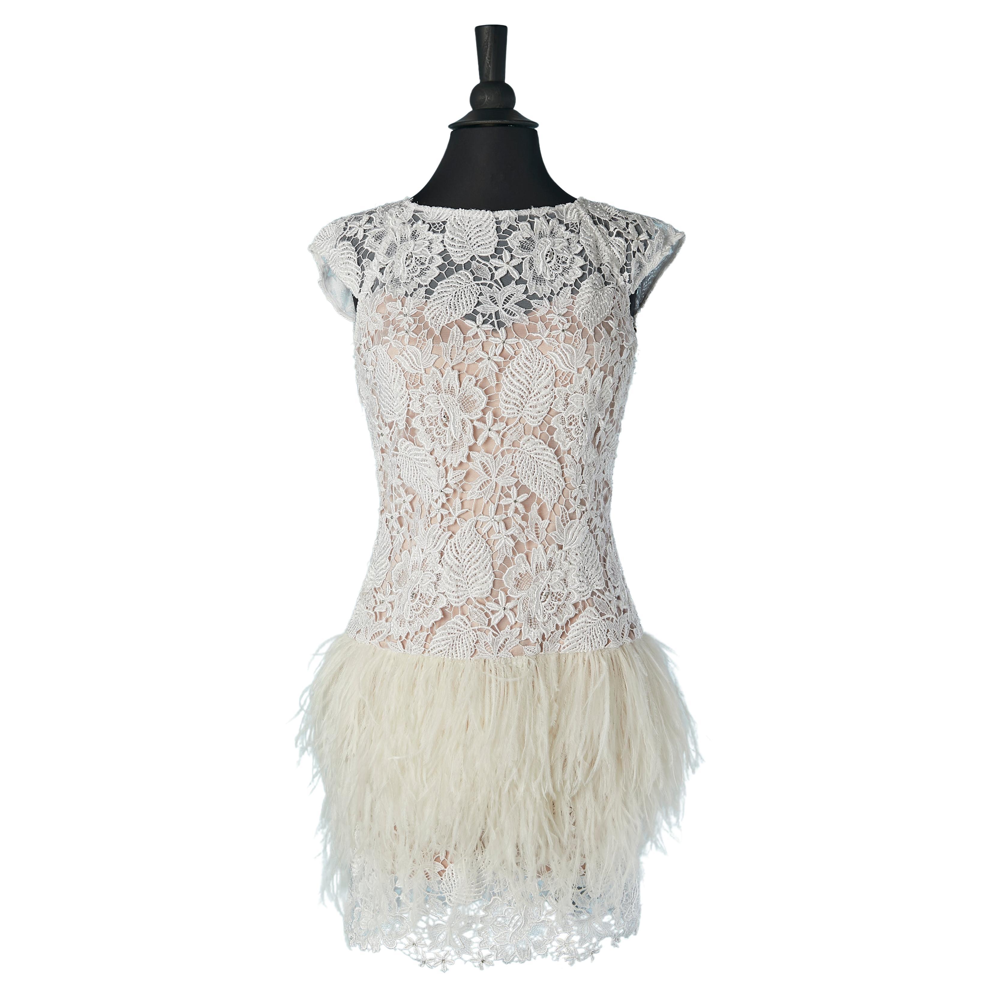 White backless lace cocktail dress with feather edge Jovani For Sale