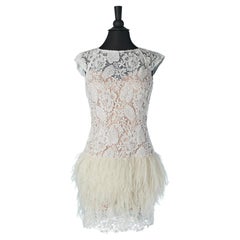 White backless lace cocktail dress with feather edge Jovani 