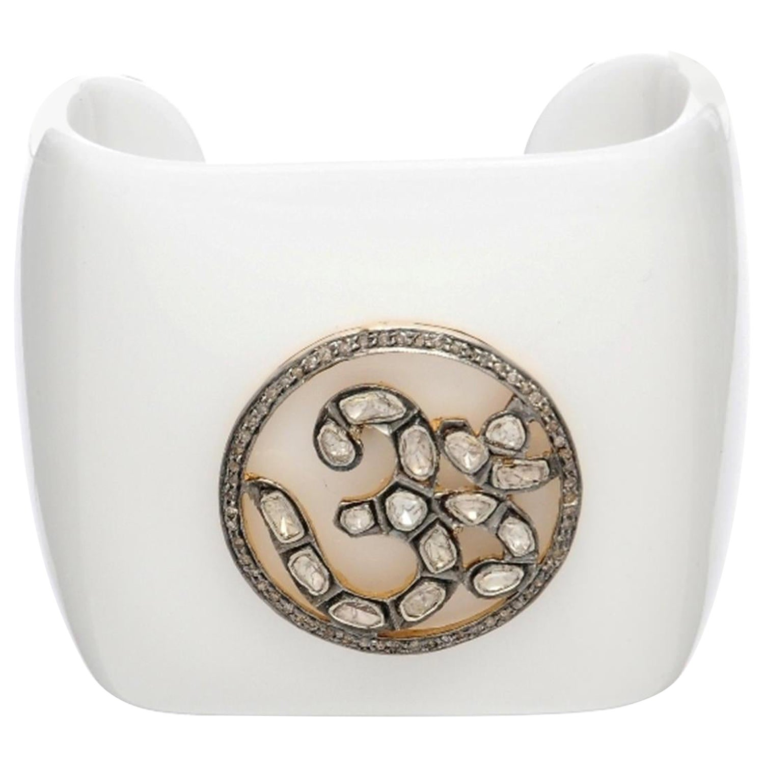 White Bakelite Cuff With Om symbol Motif In Rose Cut Diamonds