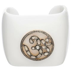 White Bakelite Cuff With Om symbol Motif In Rose Cut Diamonds