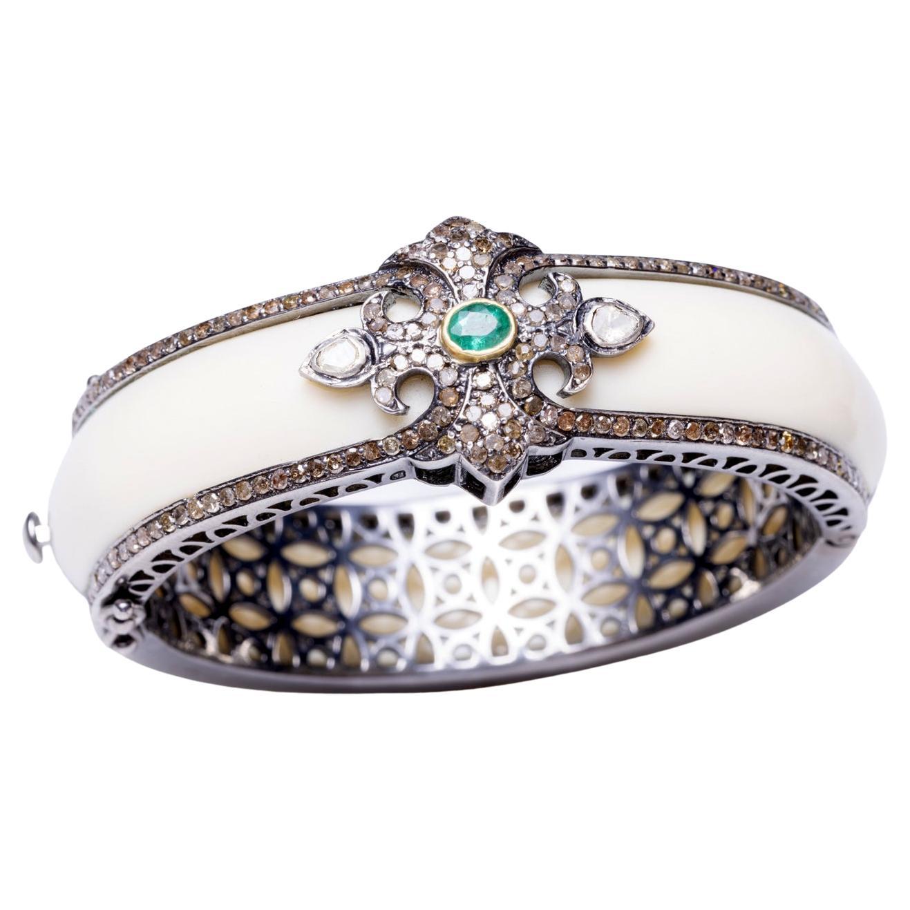 White Bakelite, Diamond and Emerald Cuff Bracelet For Sale