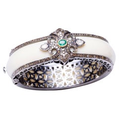 White Bakelite, Diamond and Emerald Cuff Bracelet