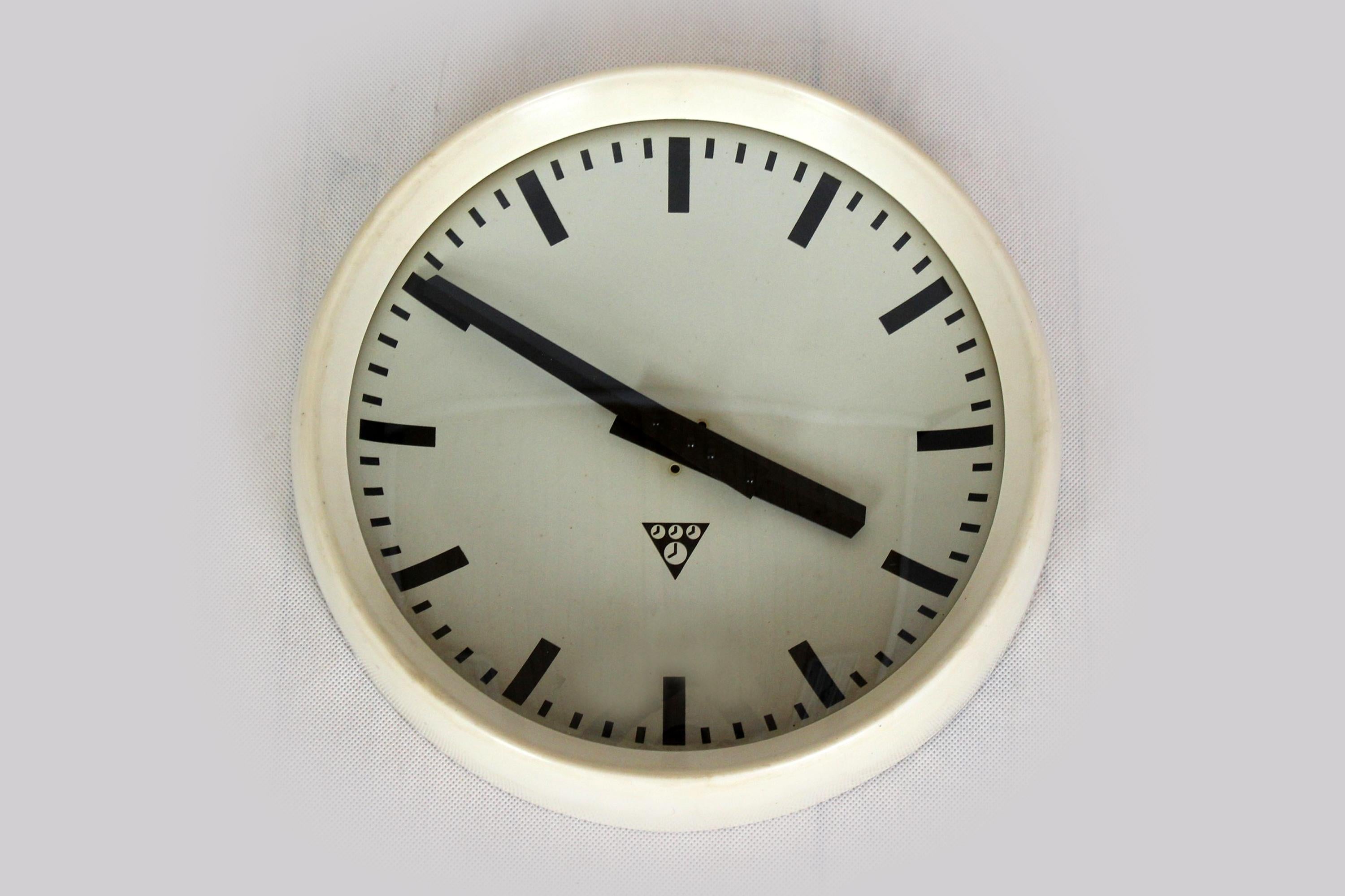 Industrial White Bakelite Railway Clock from Pragotron, 1950s