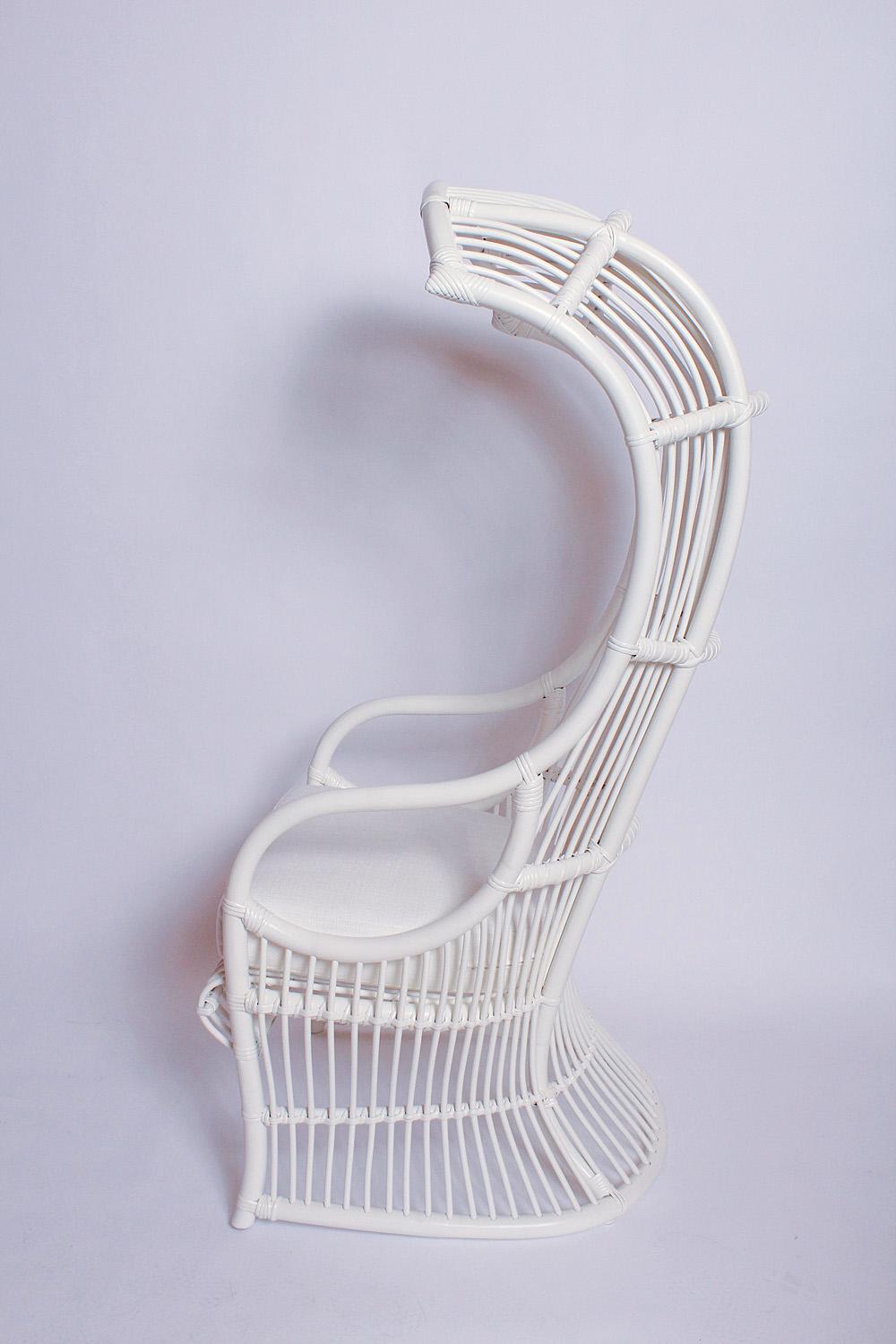 This relaxation-ready iconic bamboo and rattan canopy chair by Henry Olko for Willow and Reed has a fresh coat of white paint and new seat cushion.